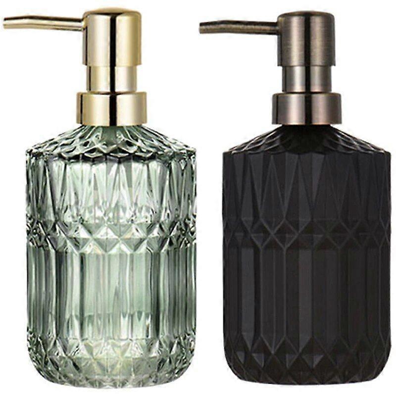 2 Pcs 400Ml Soap Dispenser Chic Glass Refill Empty Bottle Black & Green