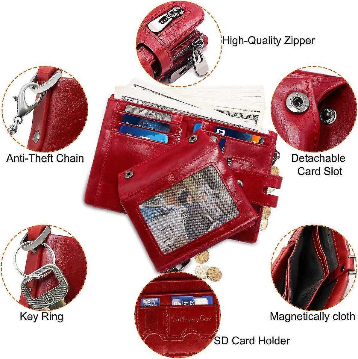 Women's Leather Wallet RFID Blocking Wallet (Red)