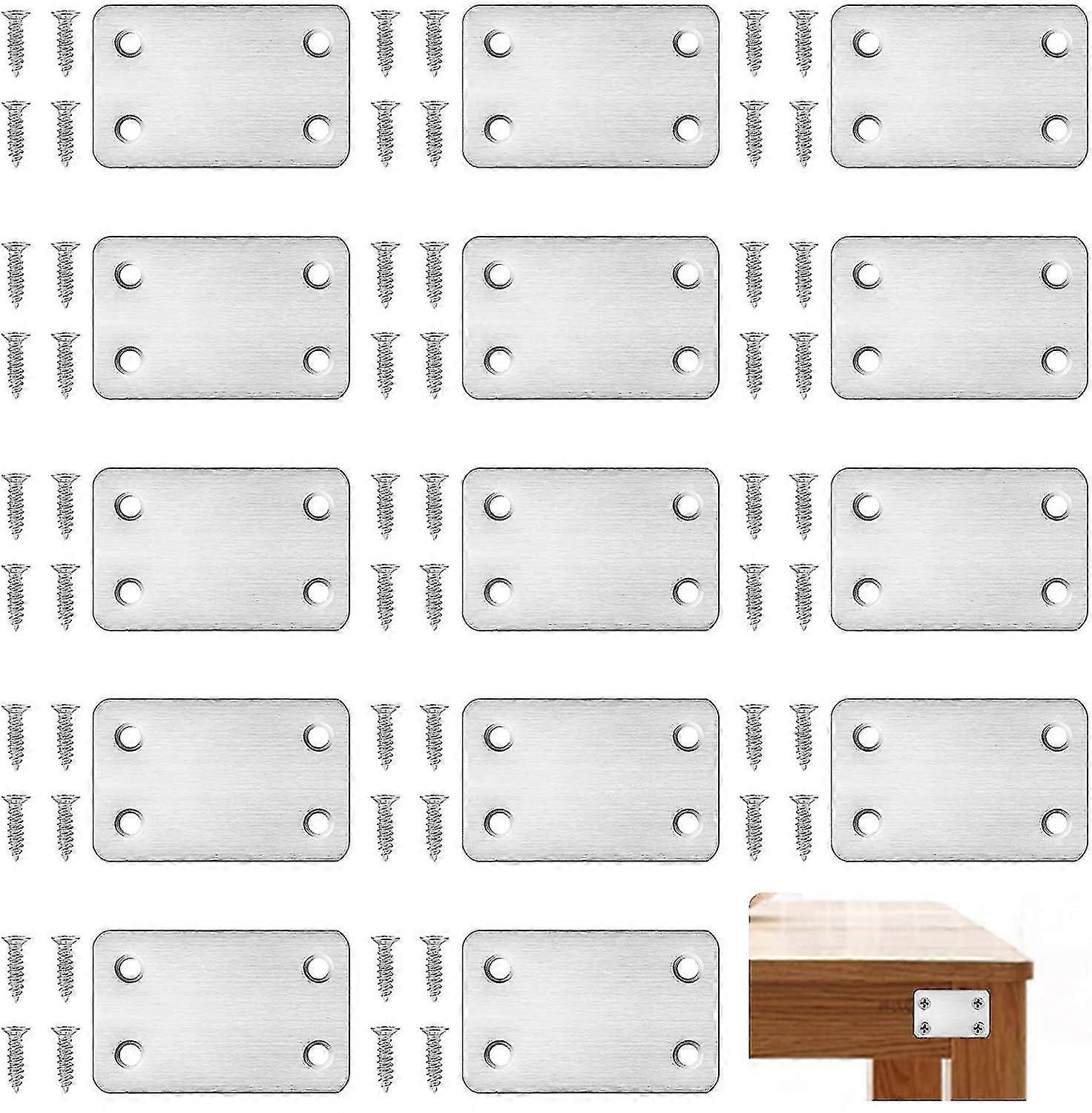 Flat Fixing Bracket, 15 Pcs,for Fixing Furniture Storage Boards And Wood, Stainless Steel Flat Connectors Uses Rectangular Design (with 60 Screws)