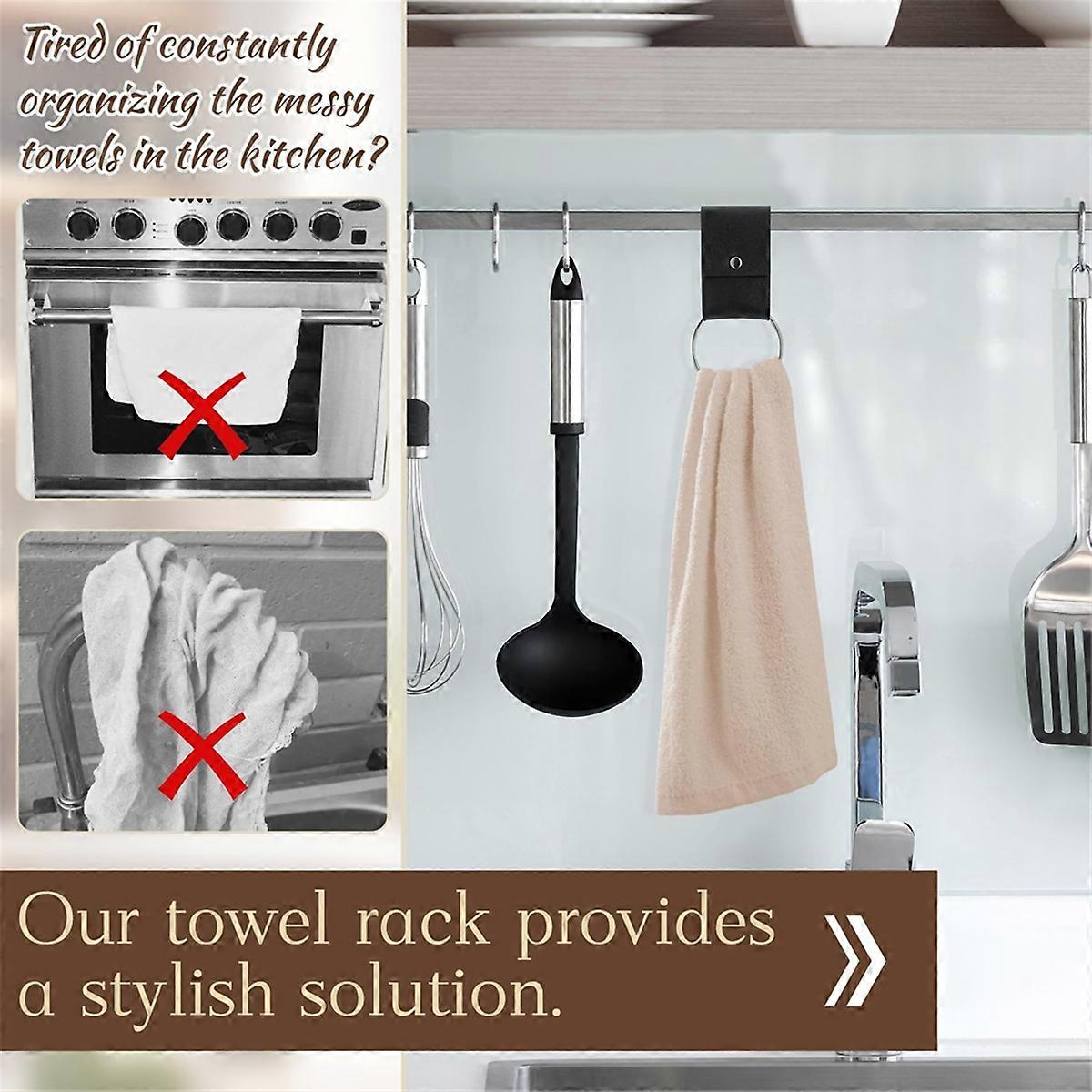 8 PCS Leather & Metal Towel Ring Holder for Kitchen Dish Towels Holder with Loop Oven Door Hanger Gi