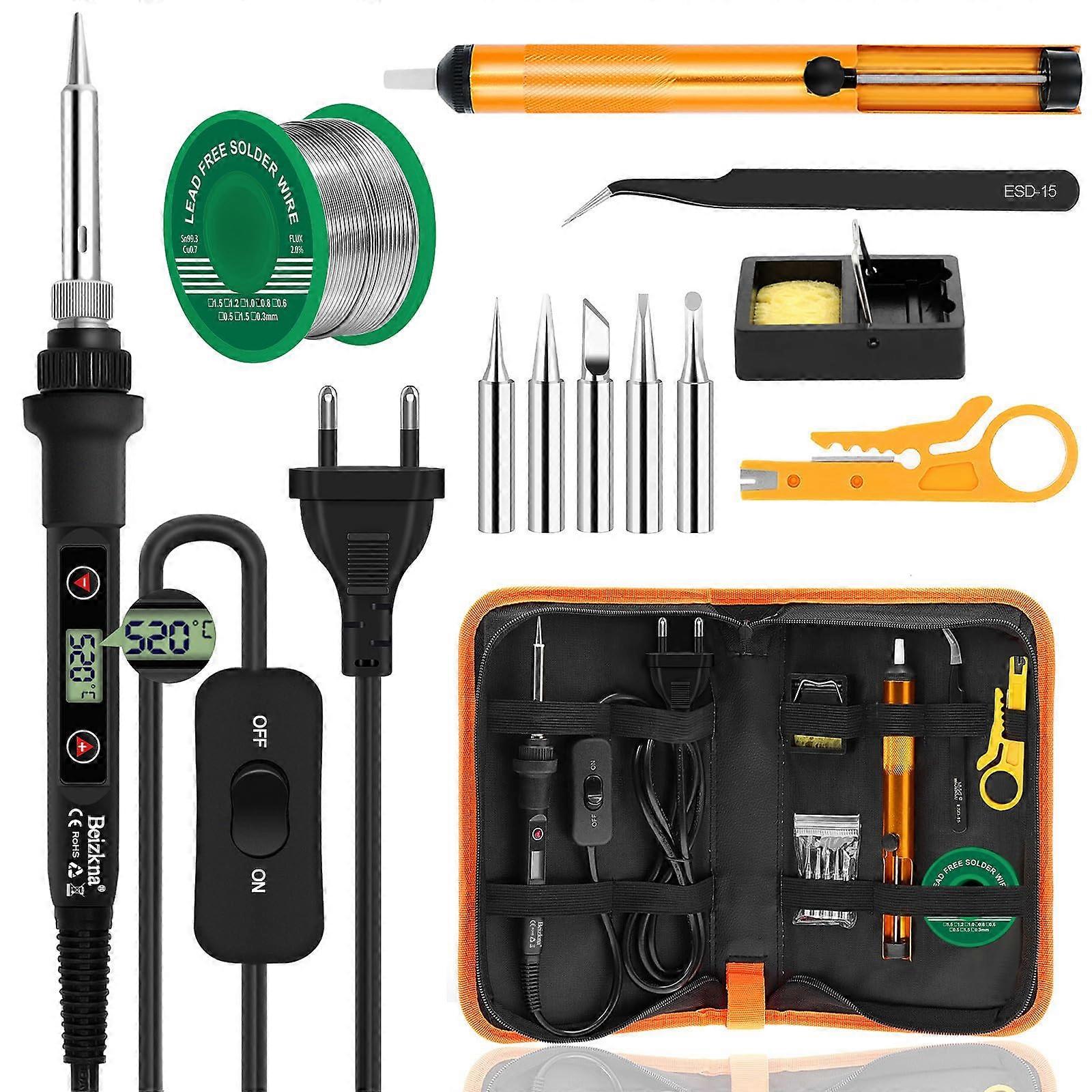Soldering Iron Set 80W with LCD Adjustable Temperature 180-520°C, On/Off Switch, 5 Tips, Solder Wire, Stand, and Tweezers