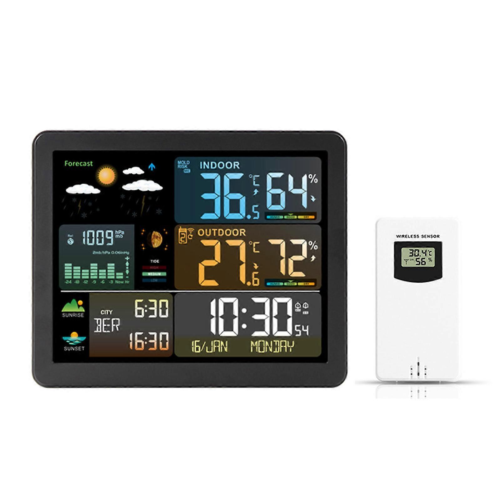 Weather Station Wireless Indoor Outdoor with Sensors Color Display Digital Weather Forecast Temperature Humidity Monitor Alarm Clock Electronic Sunri