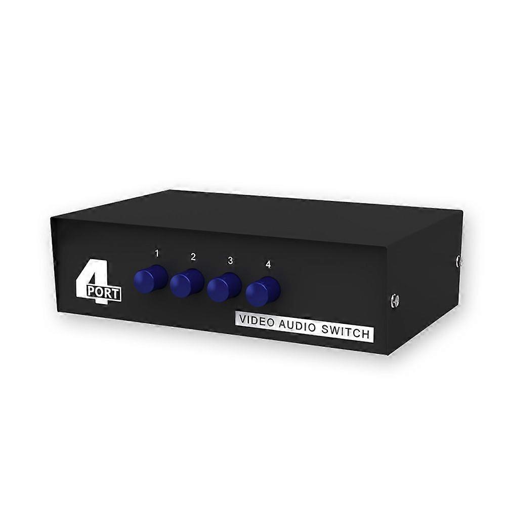 4-Port RCA AV Switch | 4-Way Video Audio Selector | Compact, No Power Needed | Black Metal Enclosure
