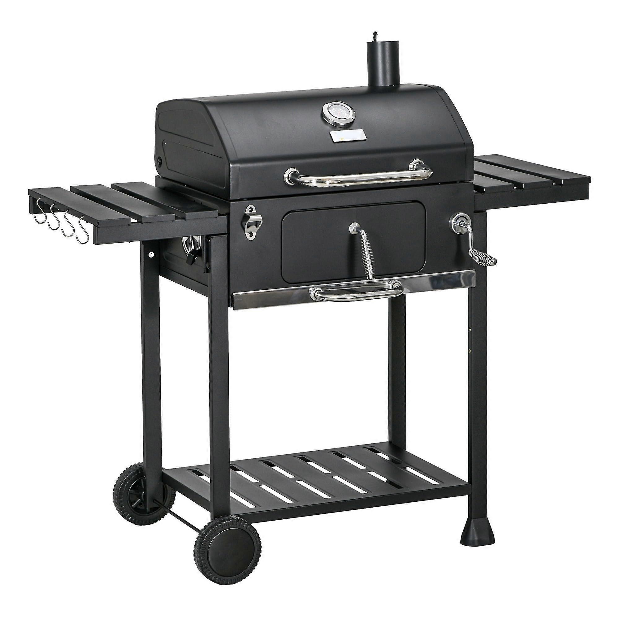 Grill trolley for outside charcoal grill with shelves and wheels black