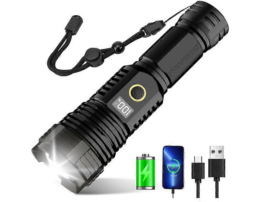High Lumens Rechargeable, 900,000 Lumens LED Flashlight with LCD Digital Display, Zoom, 5 Modes, IPX7 Waterproof, Handheld Flashlights(Black)