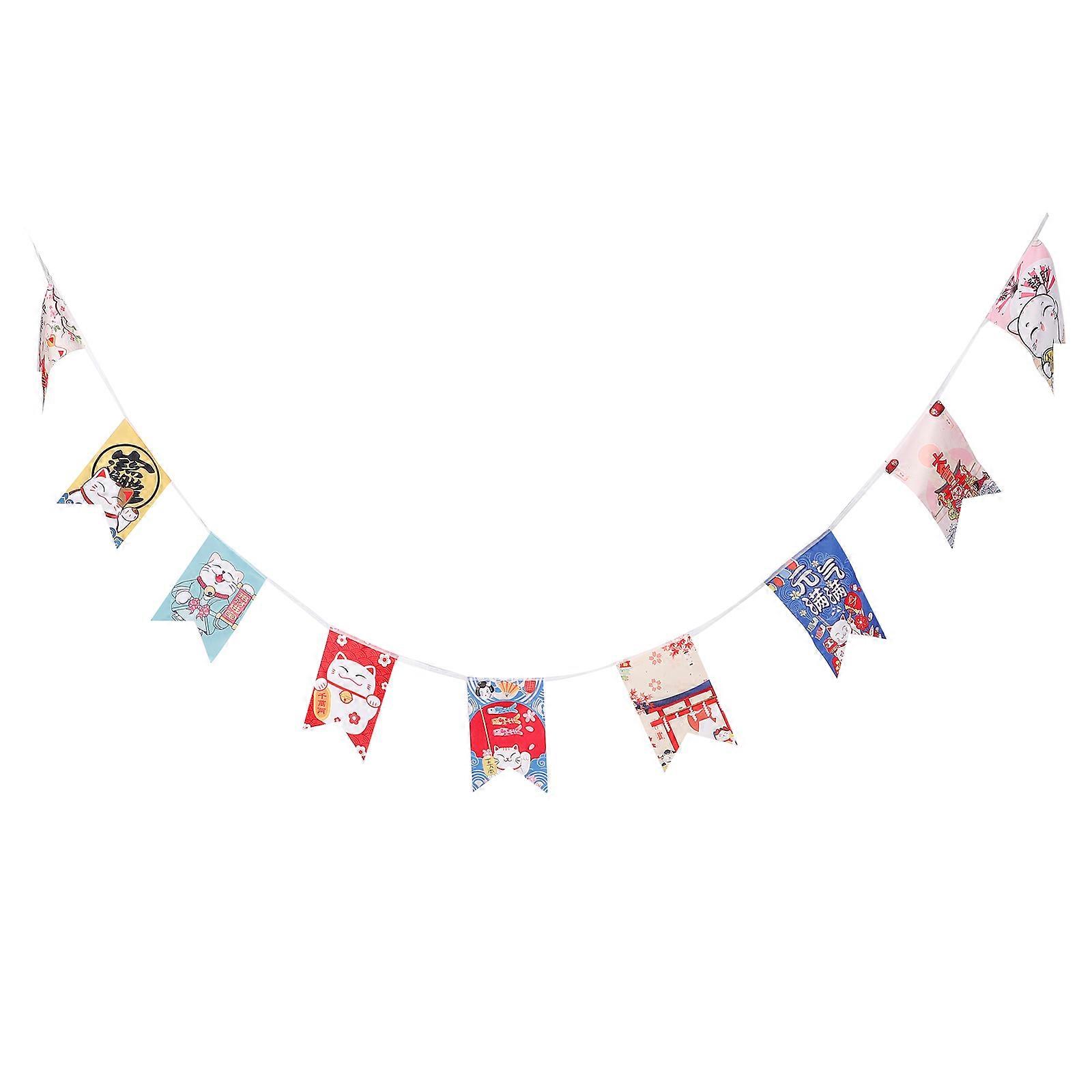 Japanese Cat Decor Bunting Banner Party Home Decoration Assorted Color Triangular Shape Hanging 1Set