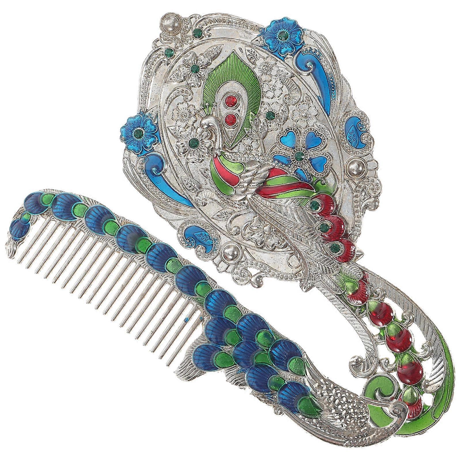 Retro Peacock Makeup Mirror Comb Set   Portable Lightweight Handheld Vanity Mirror for Outdoor Use, Durable & Attractive Design