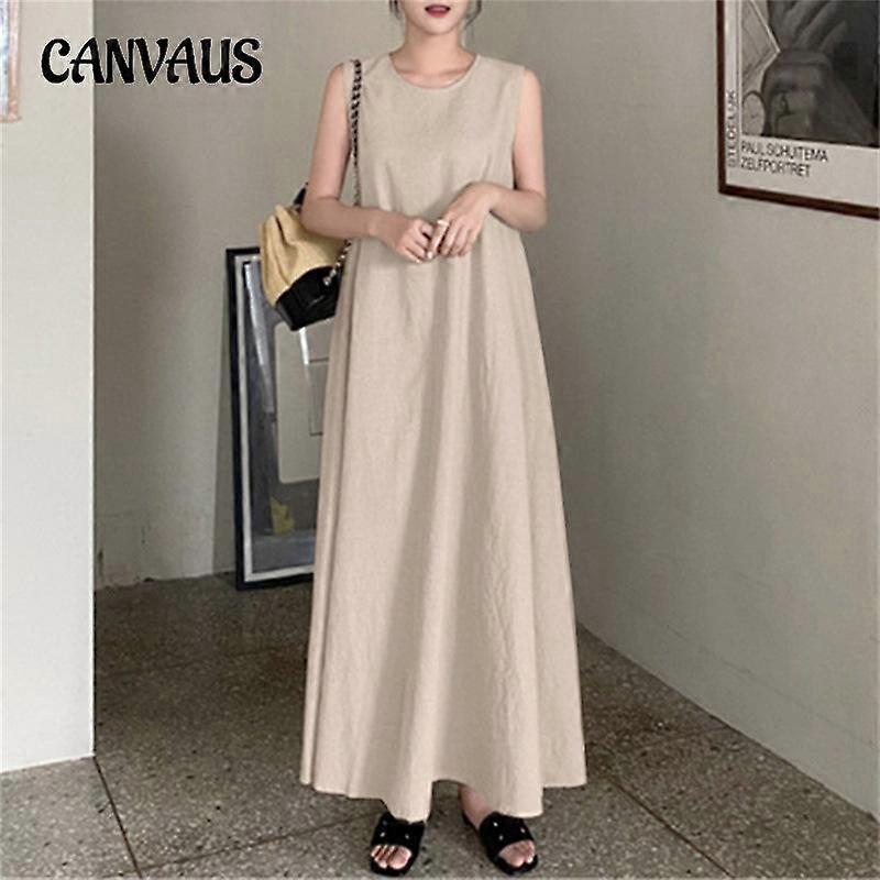 Plus Size Summer Women's Cotton Linen Long Halter Dress Loose Pocket Round Neck Temperament Sleeveless Big Swing Dresses