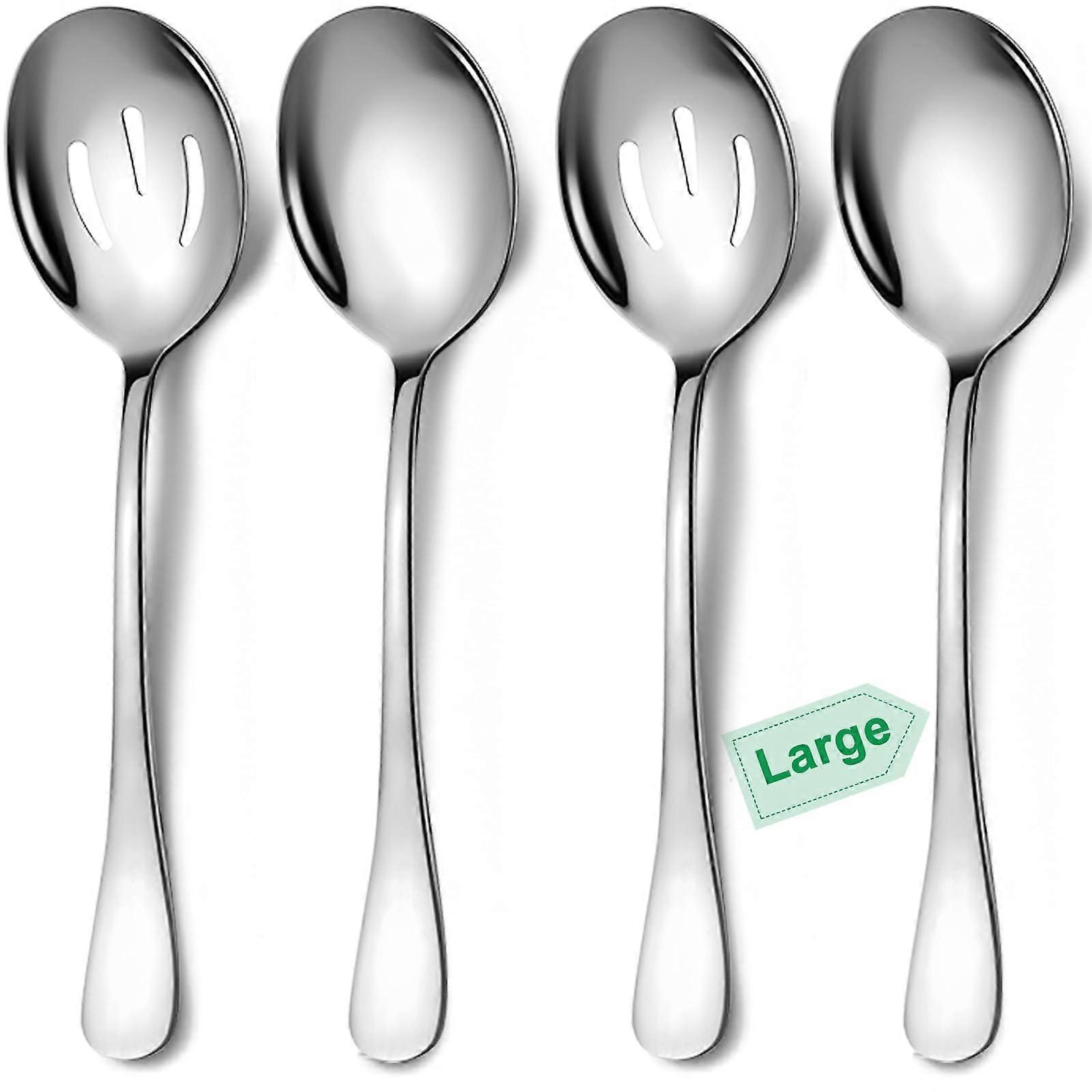 Large Stainless Steel Serving Spoons Set - 4 Piece 10 Inch Includes 2 Slotted Spoons and 2 Solid Spoons Dishwasher Safe Silver