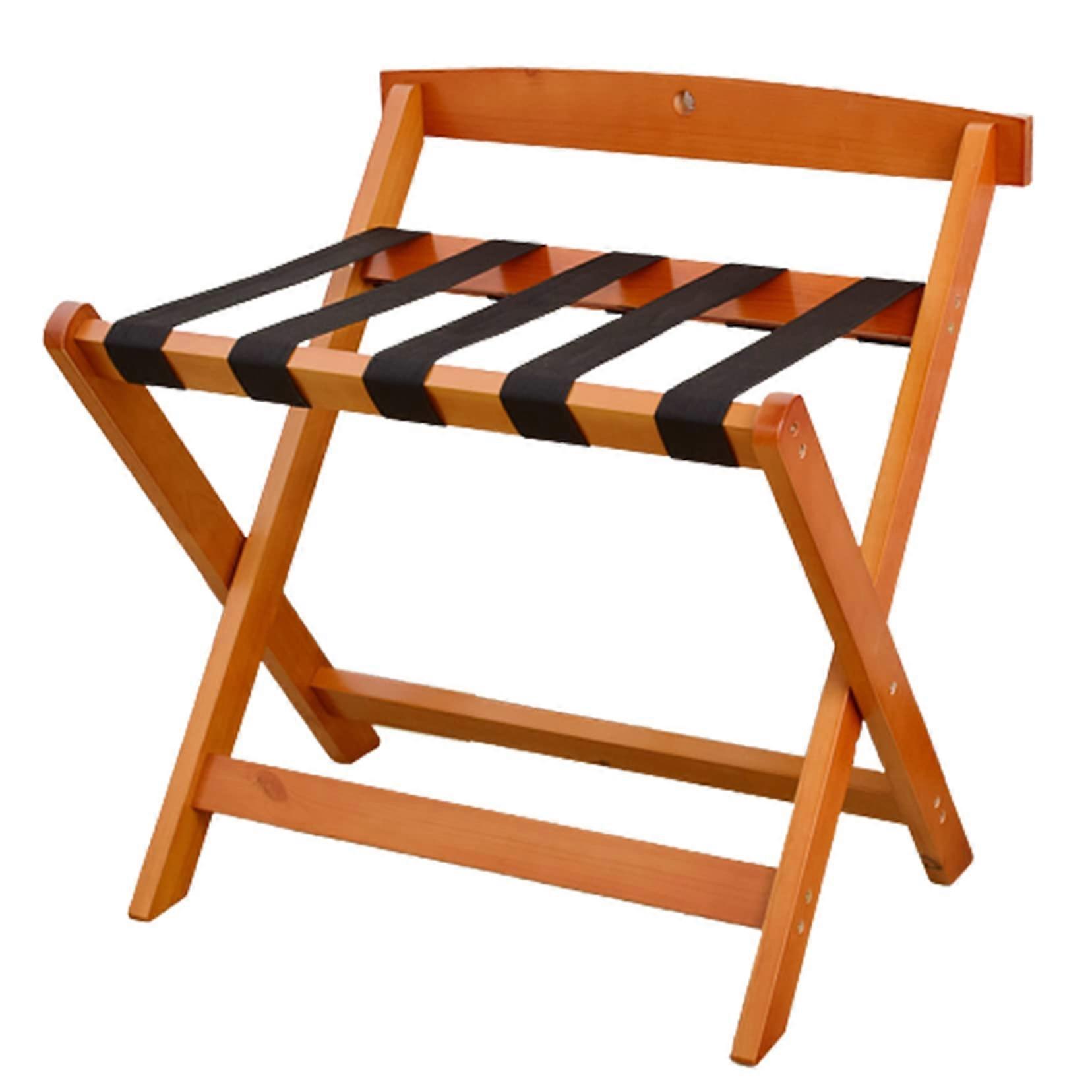 Foldable luggage rack with backrest, collapsible for guest rooms with 5 black nylon straps, teak color