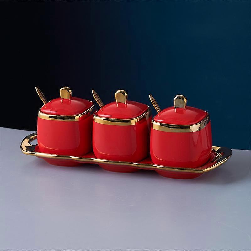 ZENGO Set Porcelain Condiment Jar Spice Container with Lids, Ceramic Sugar Bowls Condiment Pots Spice Jars Seasoning Box Set(Red suit)