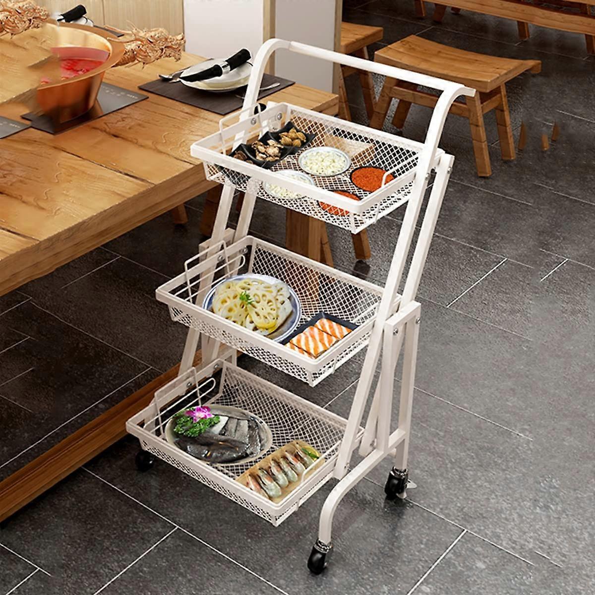 Foldable Metal Utility Cart with 3 Tiers, Storage Wagon for Tight Spaces, Bathroom, Laundry Room, Kitchen, Adjustable Angles (White)