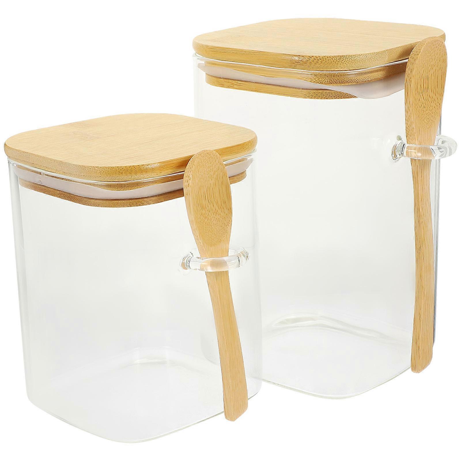 Tea Sugar Coffee Canisters Glass Jars Square Shape Cafe 10X10X16CM Wide Opening 2 Sets