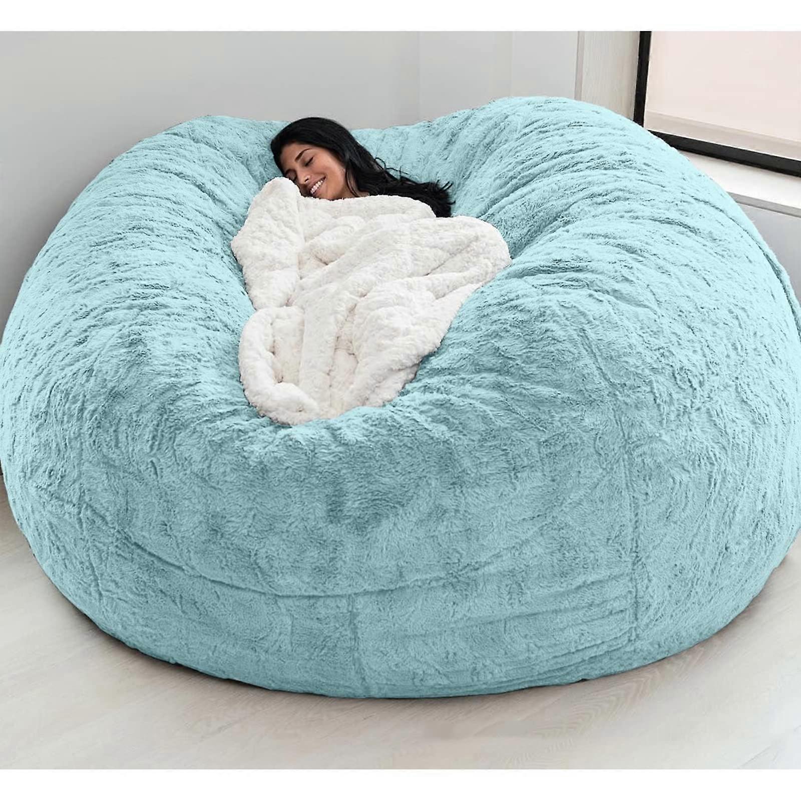 Giant faux fur bean bag chair for adults, oversized, round, plush, sky blue, 180 x 90 cm