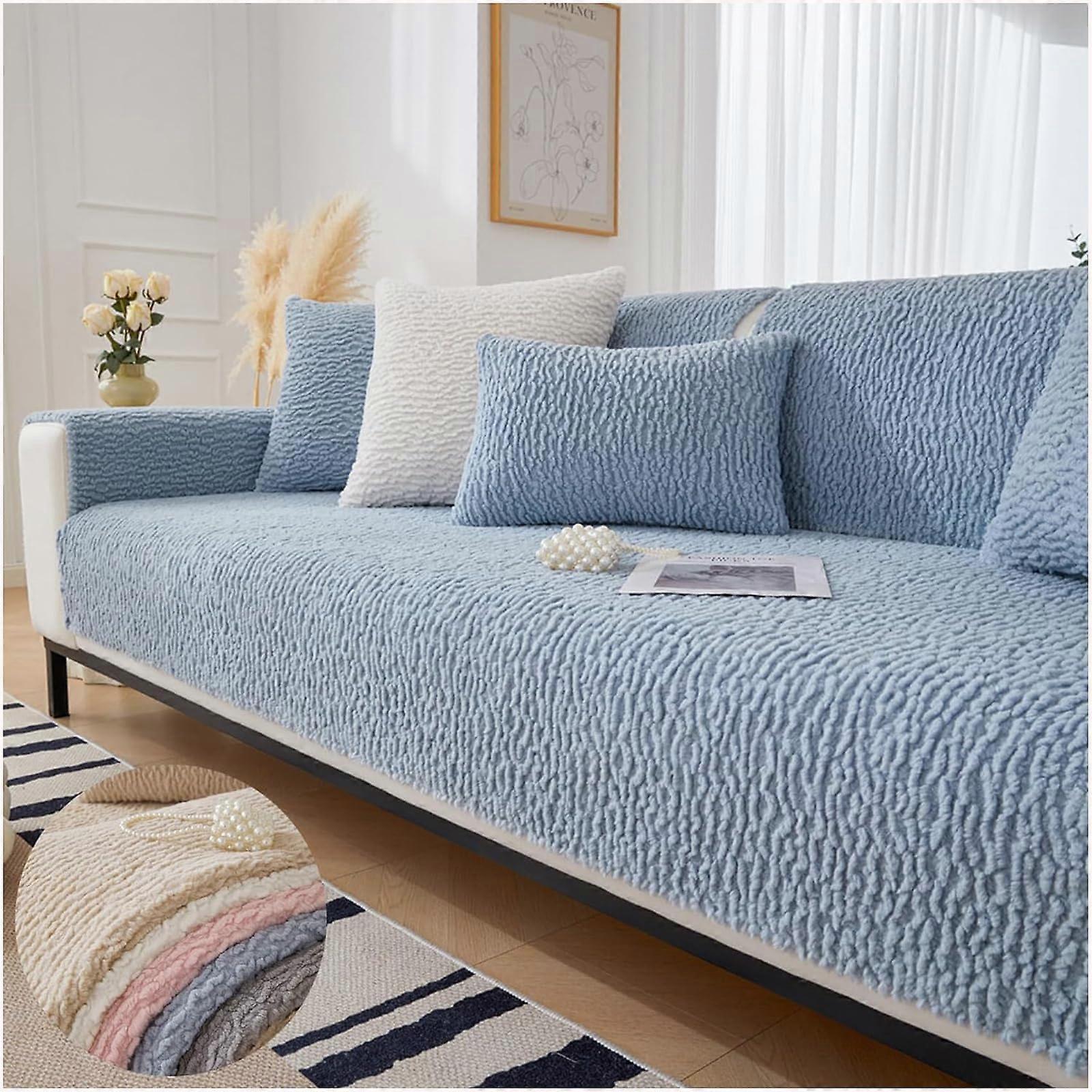 Berber Fleece Anti-Scratch Couch Cover for Pets, Creme Color, 70x210cm, Fuzzy Sectional Sofa Protector, Blue