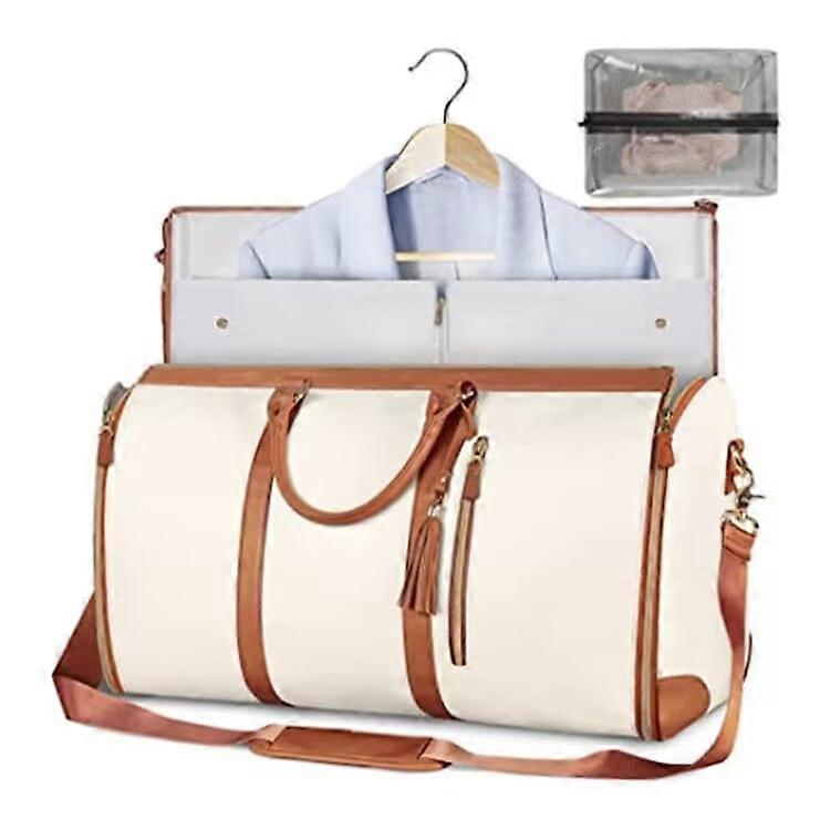Foldable Travel Bag with Shoe Compartment 2 in 1 Hanging Suitcase Leather Beige