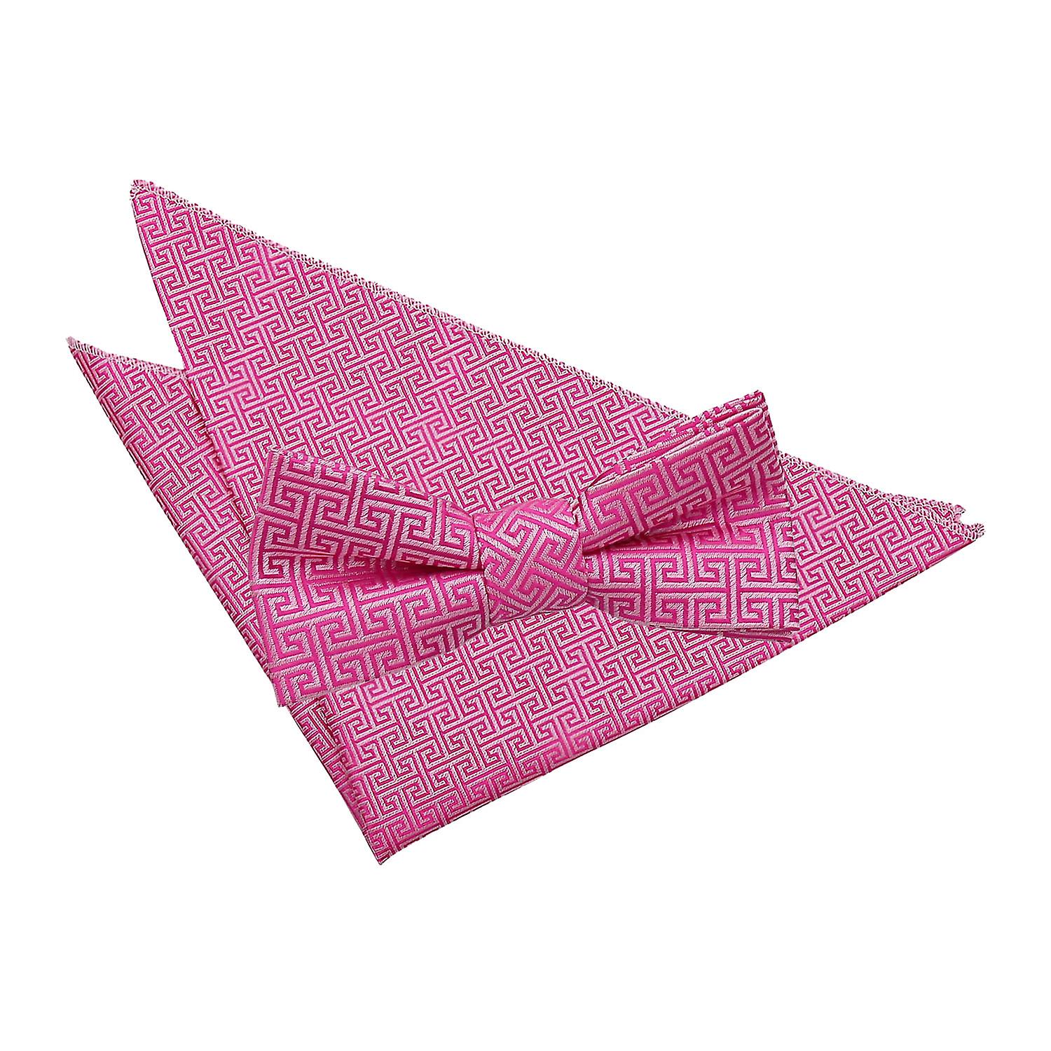 Fuchsia Pink Greek Key Bow Tie and Pocket Square Set