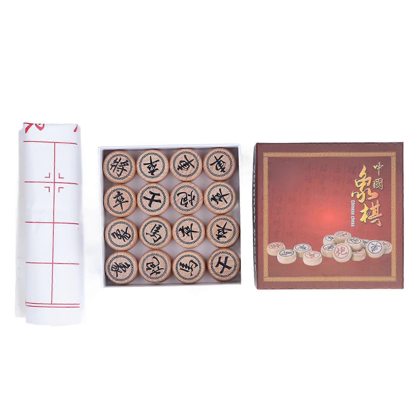 Chinese Chess Set Beechwood Intellectual Growth Xiangqi Board Game with PU Leather Chessboard 3cm Diameter
