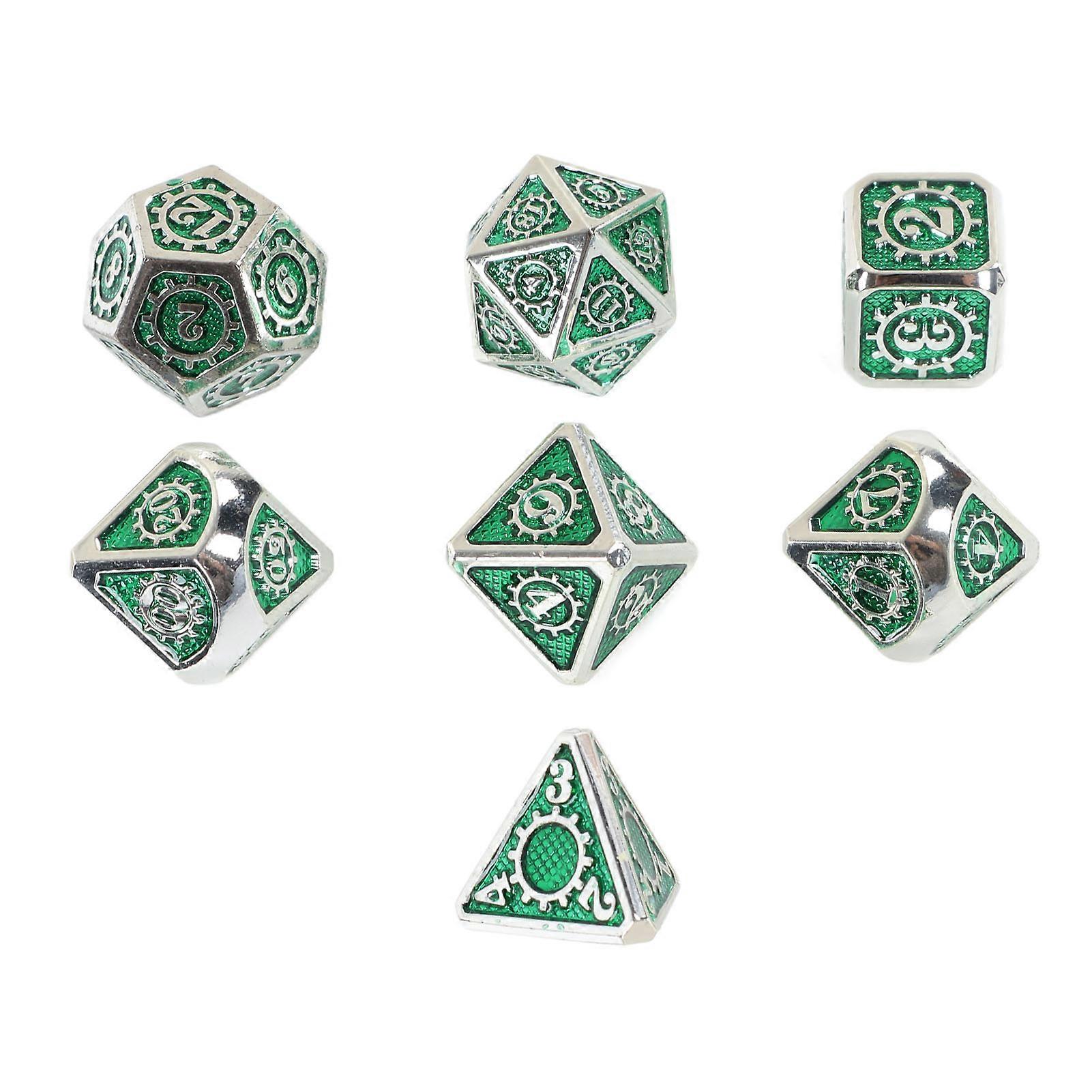 Green Metal Gear Pattern Polyhedral Dice Set - 7pcs for RPGs & Card Games