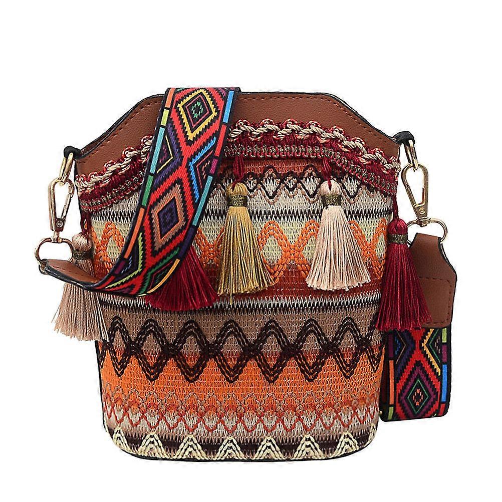 Light Brown Bohemia Shoulder Bag Weaving Tassel Bucket Bag Creative Fashion Crossbody Bag for Woman's