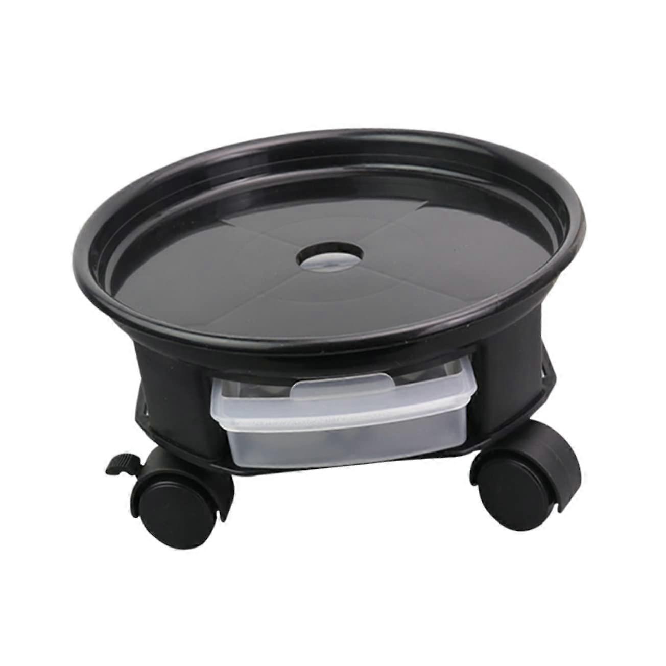 Round flower saucer with wheels and drawer for plant transfer and storage, black