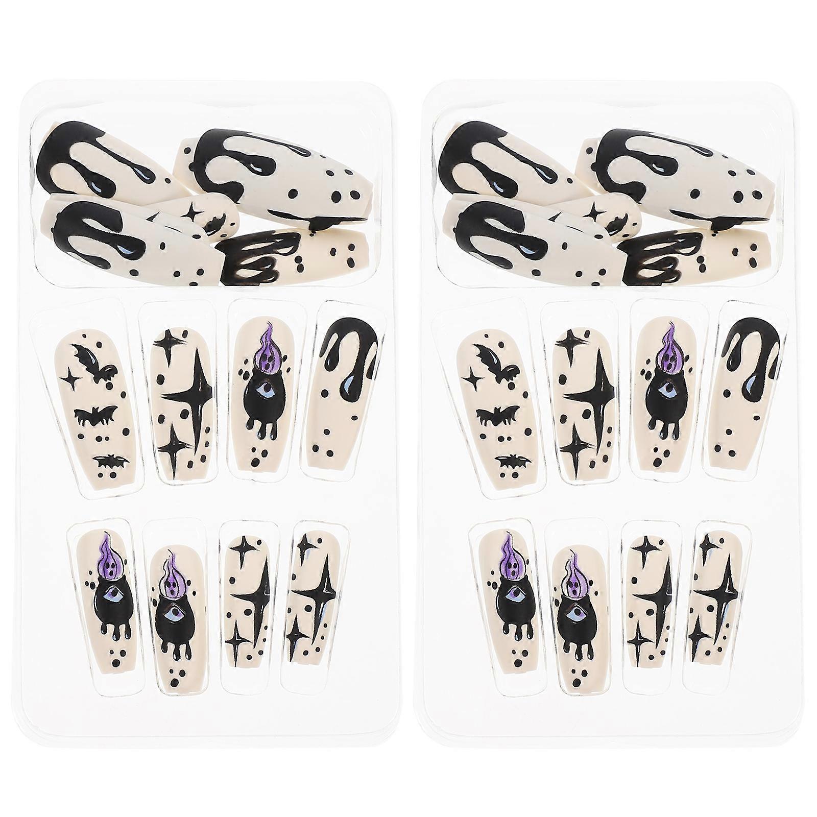 Assorted Color Coffin False Nails 48Pcs Quick Application for Halloween and Party Use with Long Shape