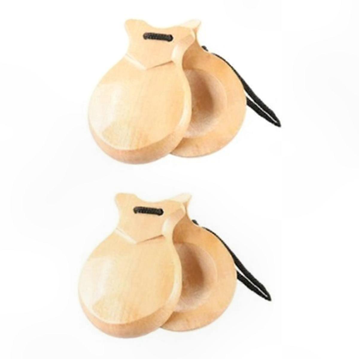 Pair of Traditional Wooden Castanets with String for Flamenco and Hand Percussion (Wood Tone)