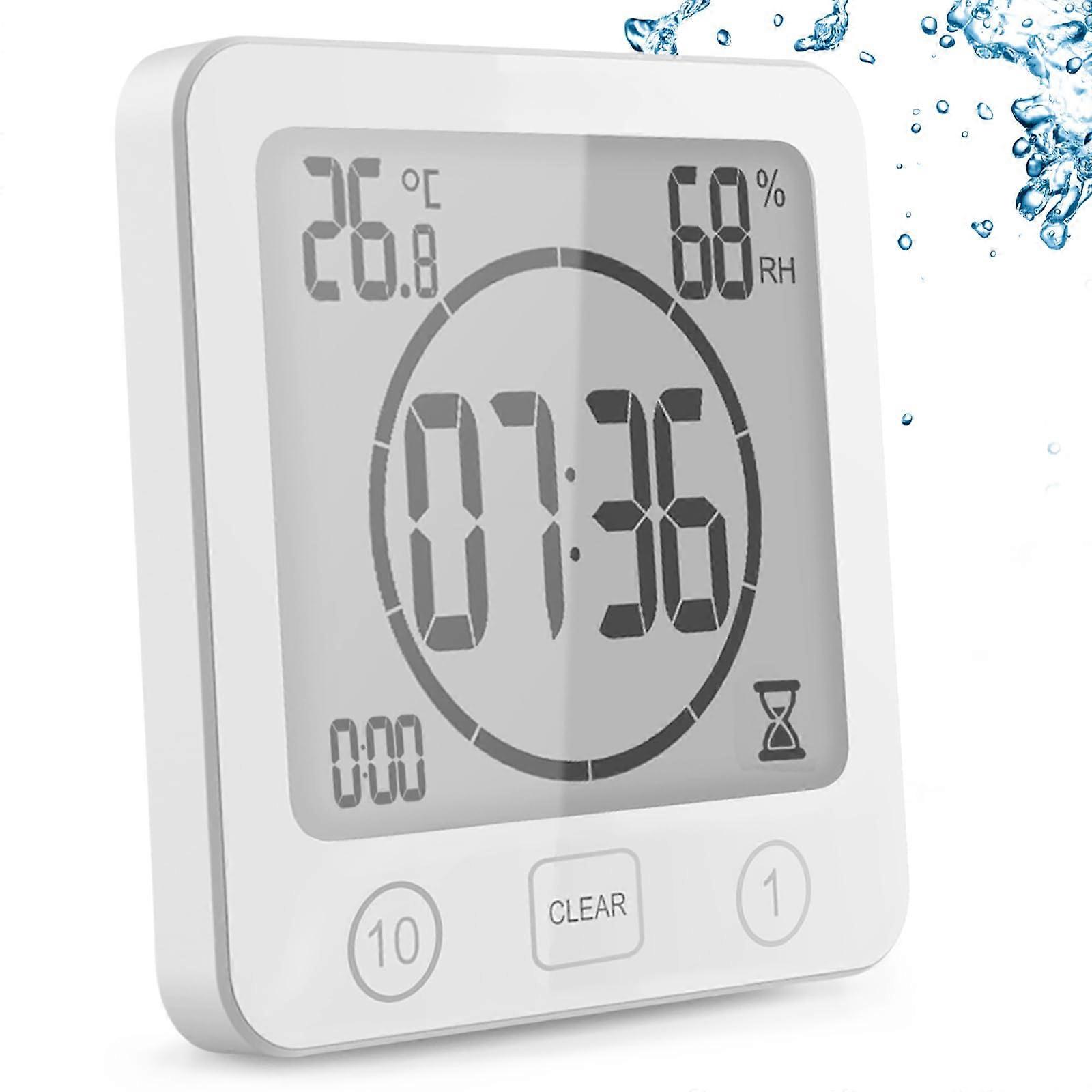 Bathroom Alarm Clock Waterproof Shower Timer, Hygrometer Thermometer, LCD Display, Easy To Use Countdown Timer, White