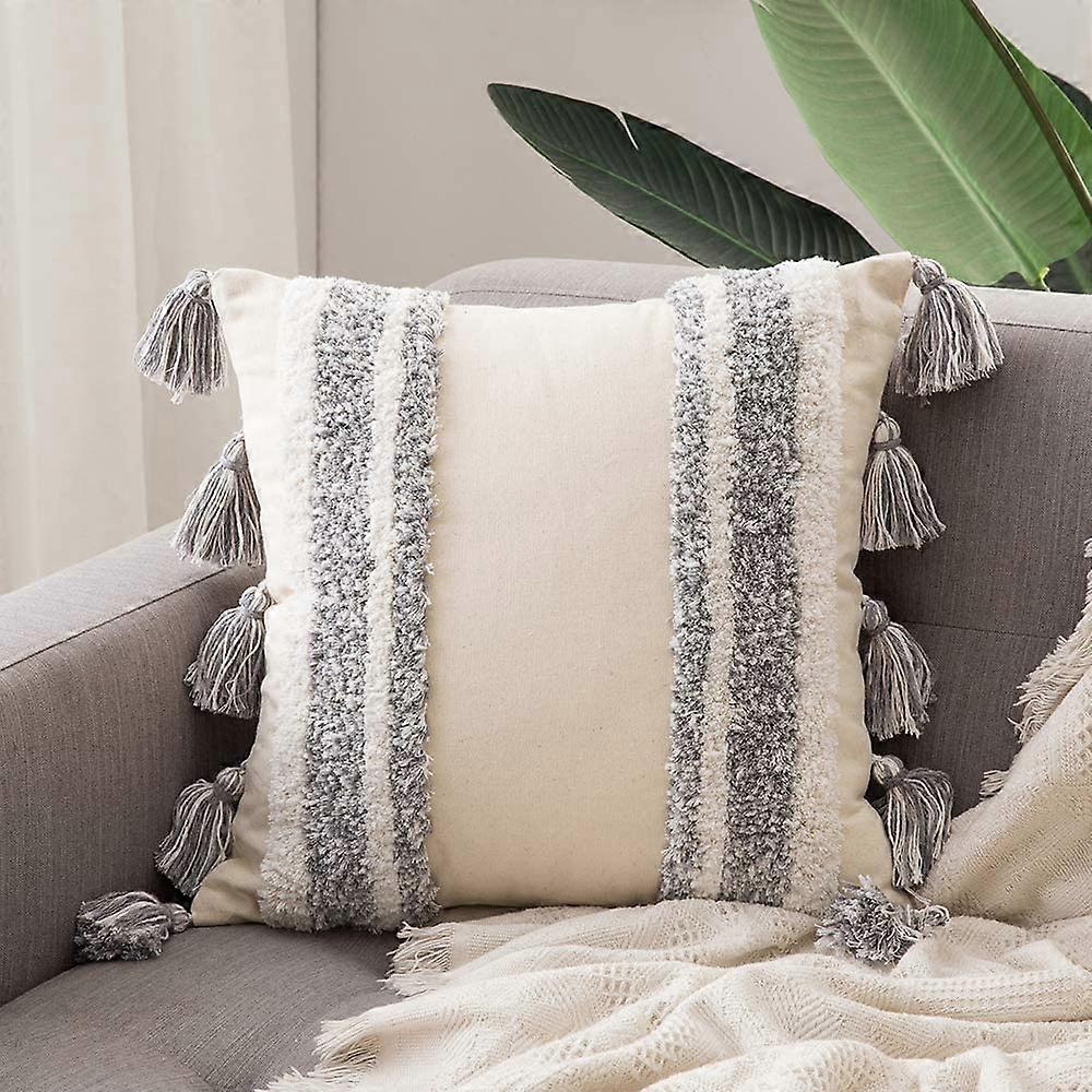 Tribal Boho Woven With Tassels Pillow Square Soft Couch Pillows Set Of 2 (inserts + Pillow Covers, Grey)