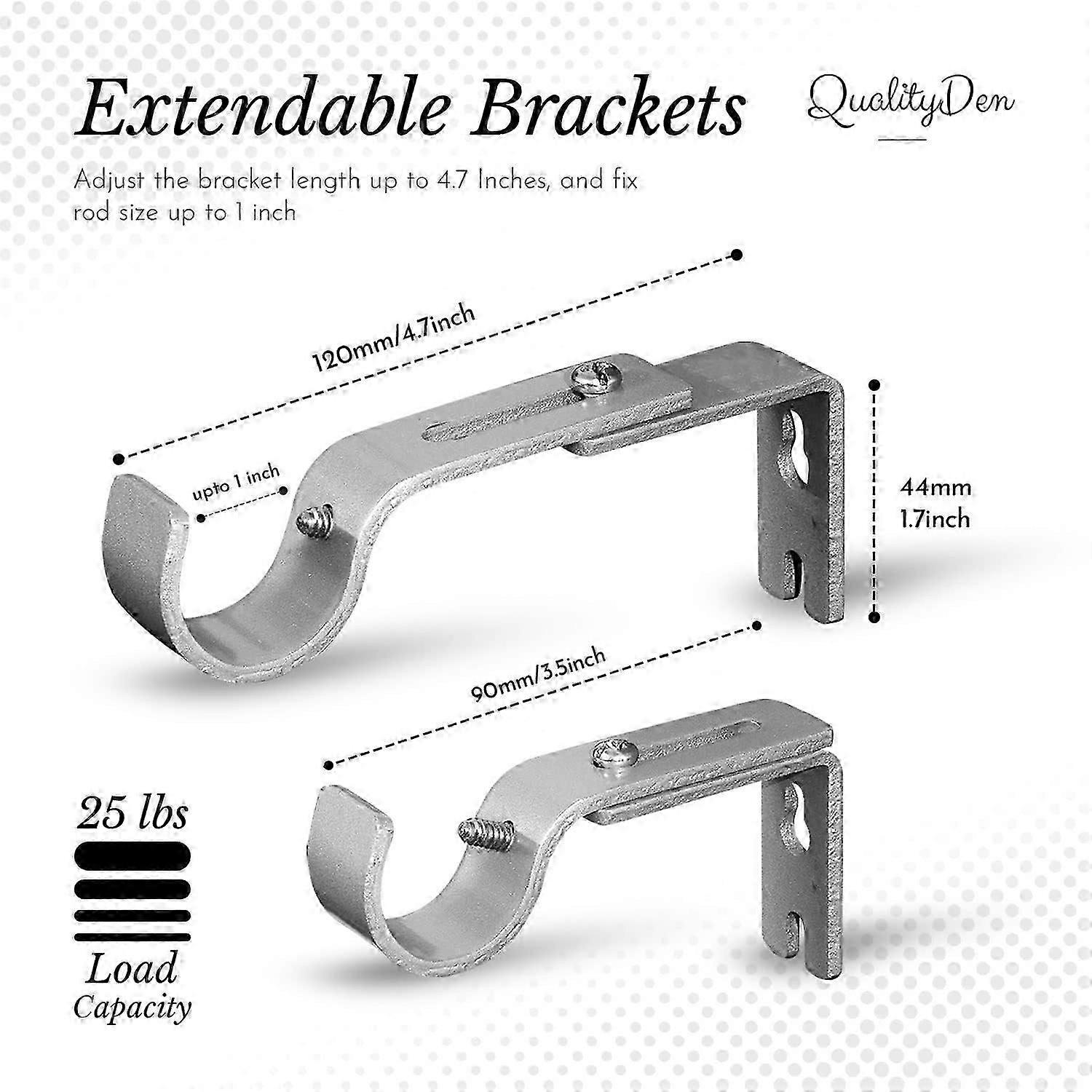 Curtain Pole Brackets Adjustable Length of 9 - 12cm - Metal Curtain Rod Brackets Set with Screws for Poles, Wall Rod-Heavy Duty & Rust Resistant