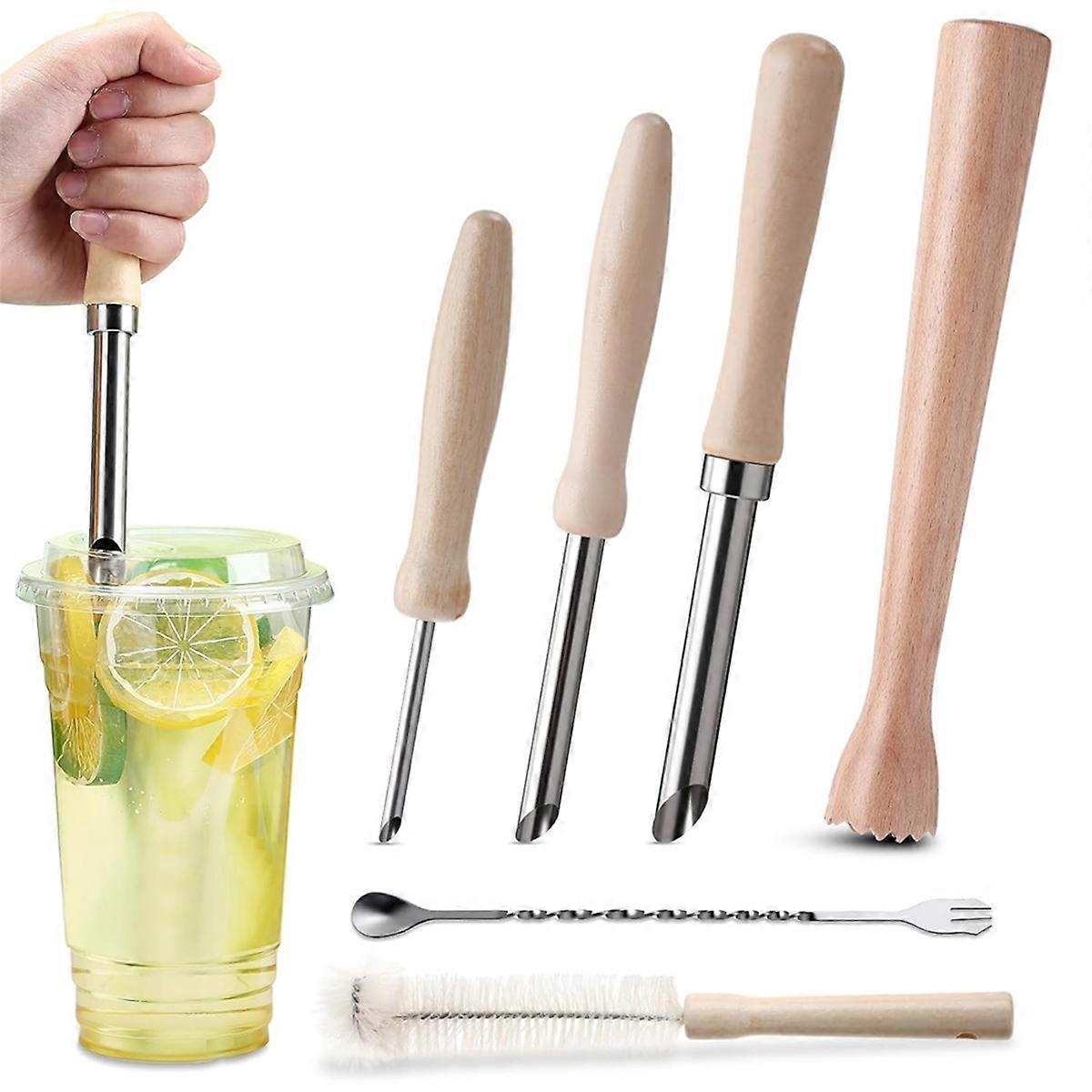 6 Pcs Lemonade Drink Tool Set 3 Sizes Wooden Straw Hole Puncher,Reusable Drink Making Kit for Juice