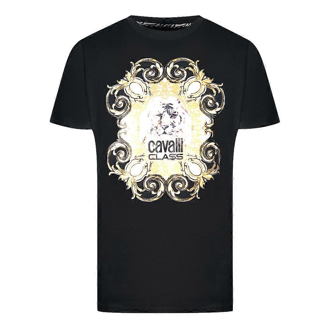 Cavalli Class Bold Tiger Emblem Design Black T-Shirt