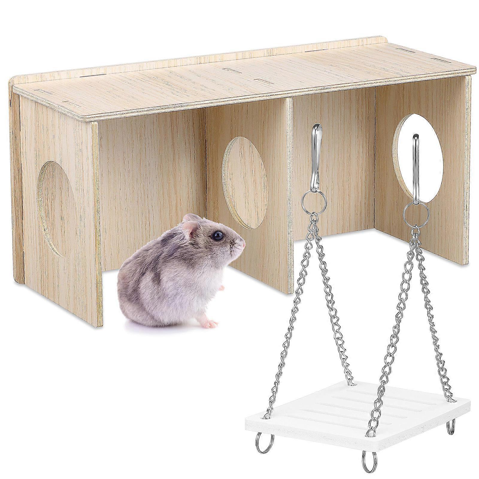 Hamster Hideaway Habitat Wooden Hamster House with Swing Toy 3Pcs Set