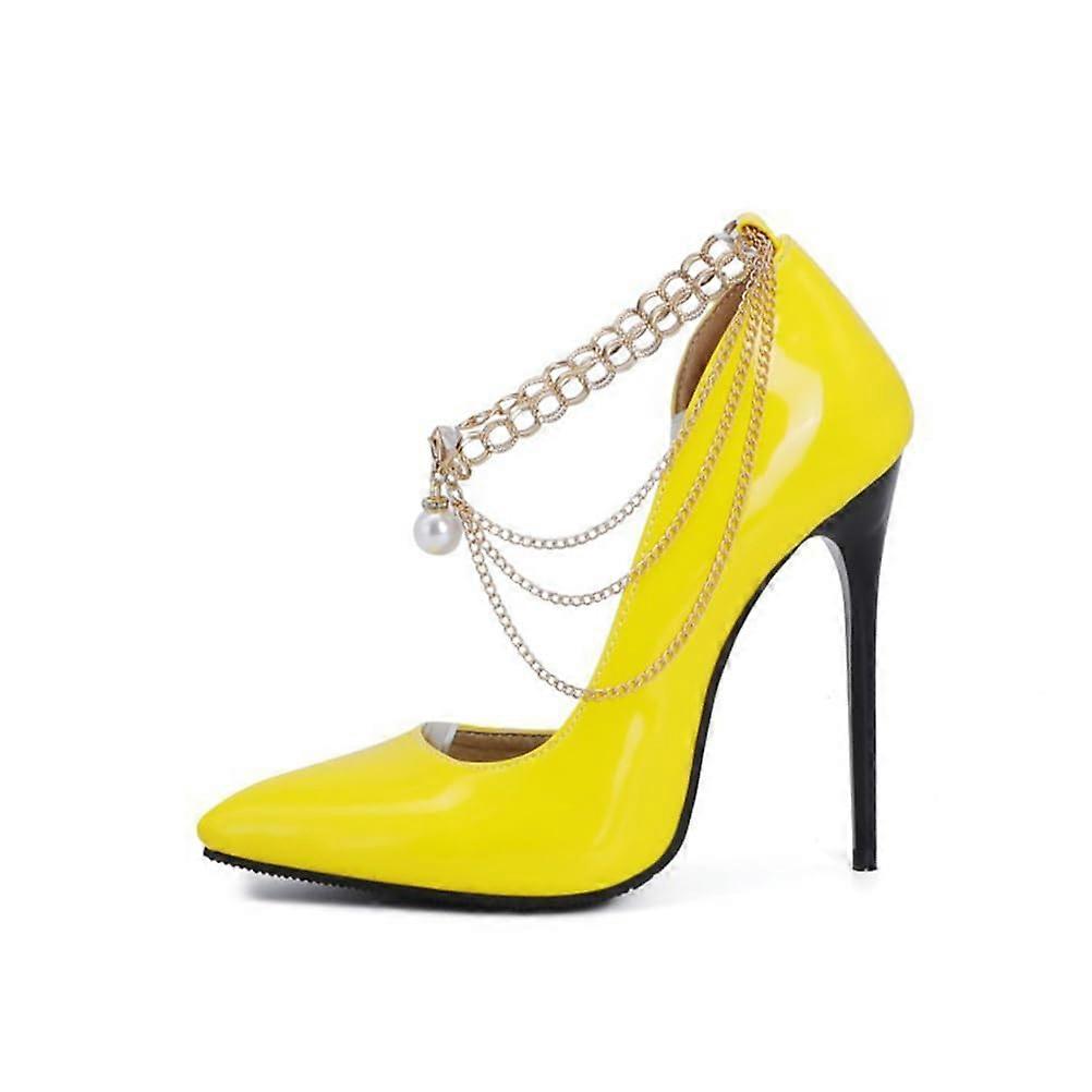 12CM Women's Closed Pointed Toe Pumps Stiletto Heels Wedding Party Dress Shoes Yellow UK Size 10