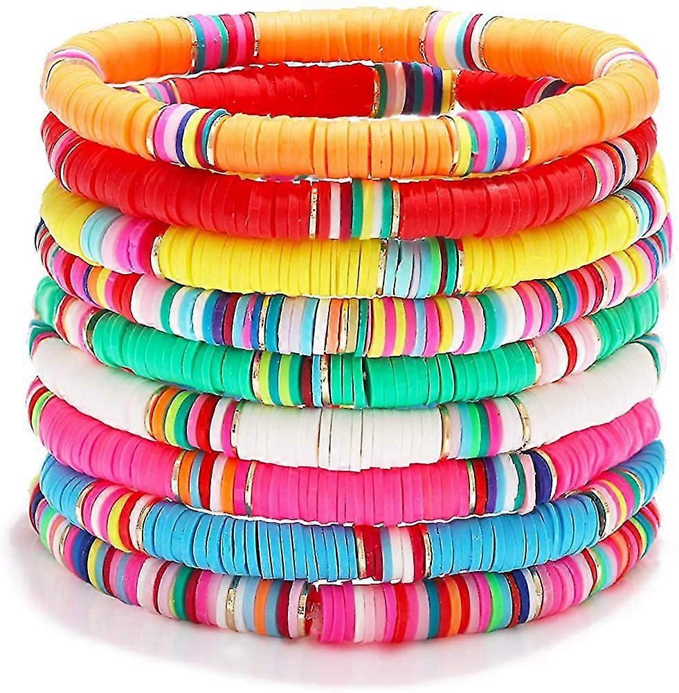 Surfer Heishi Bracelets For Women Stackable Rainbow Vinyl Disc Beaded Stretch