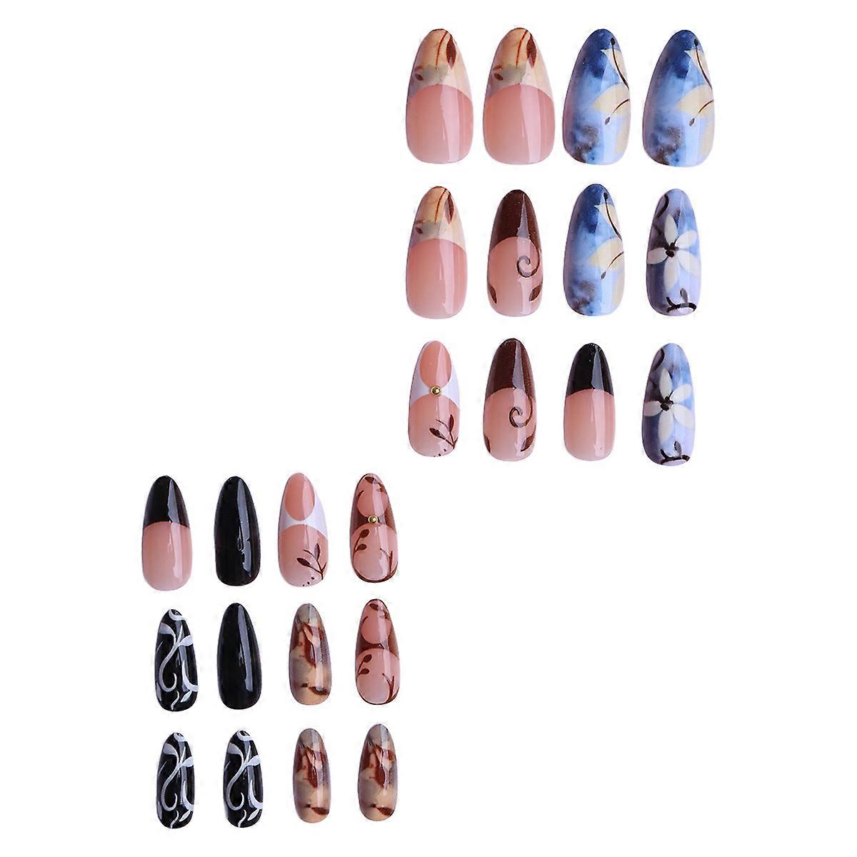 24pcs Press on Nails Blue Floral Withered Branches Fake Nails with Artistic
