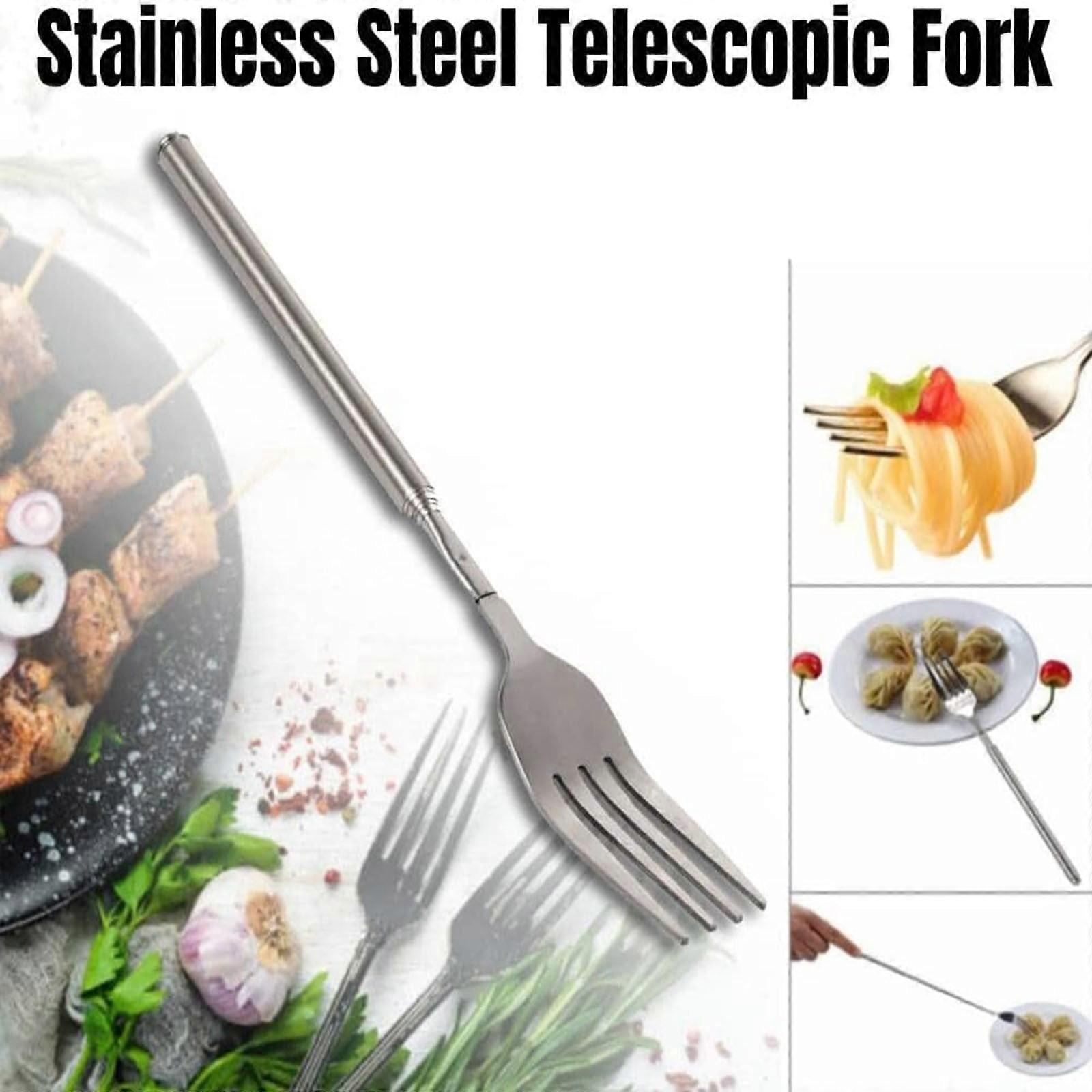 Extendable Fork 8.7-25.4 Inch, Telescopic BBQ Fruit Dessert Fork, Retractable Stainless Steel Tableware (2Pcs)