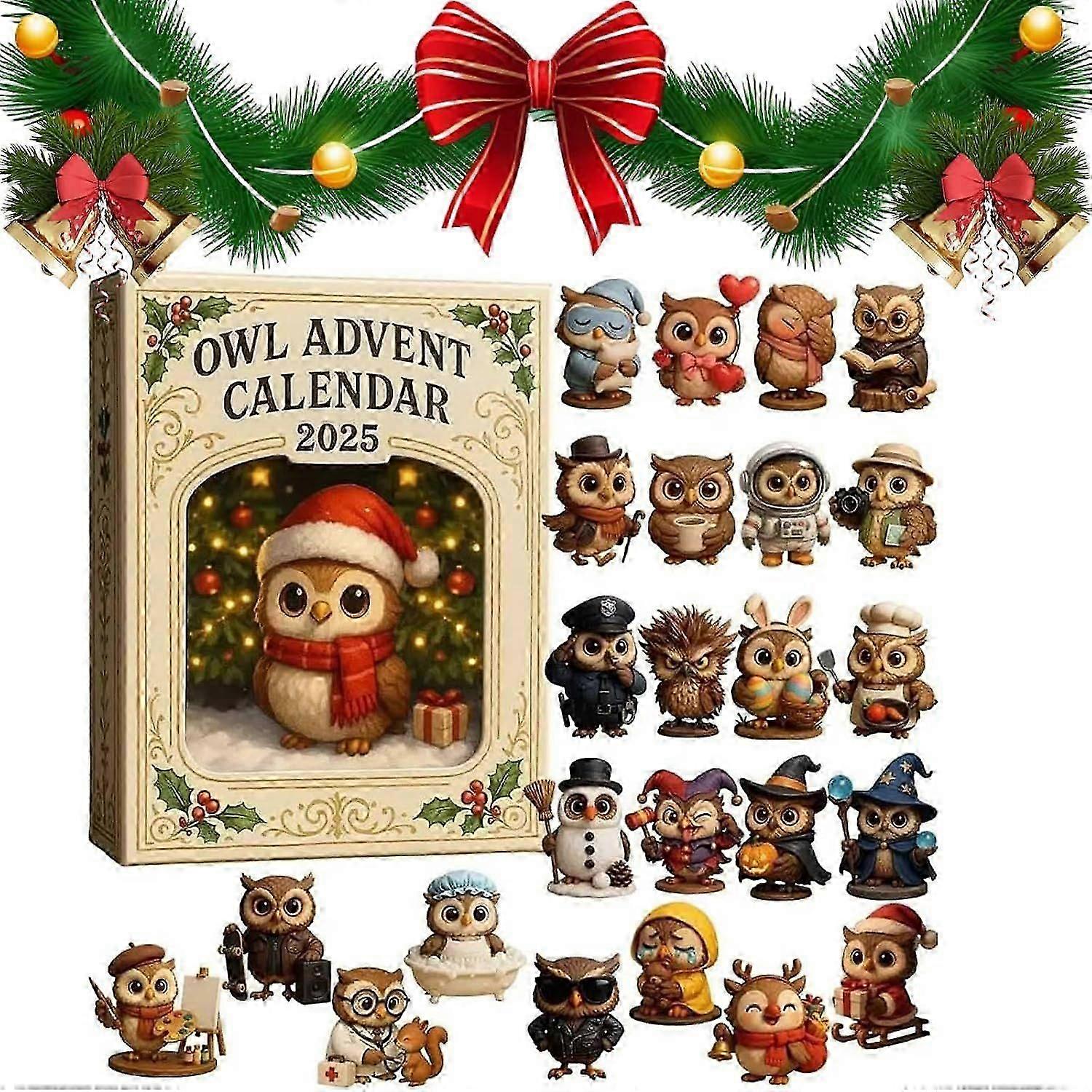 Owl Advent Calendar 2025 24-Day Christmas Countdown with 24 Mini Owl Ornaments, 2D Acrylic Keepsakes, Festive Gift Box for Bird Lovers & Collectors