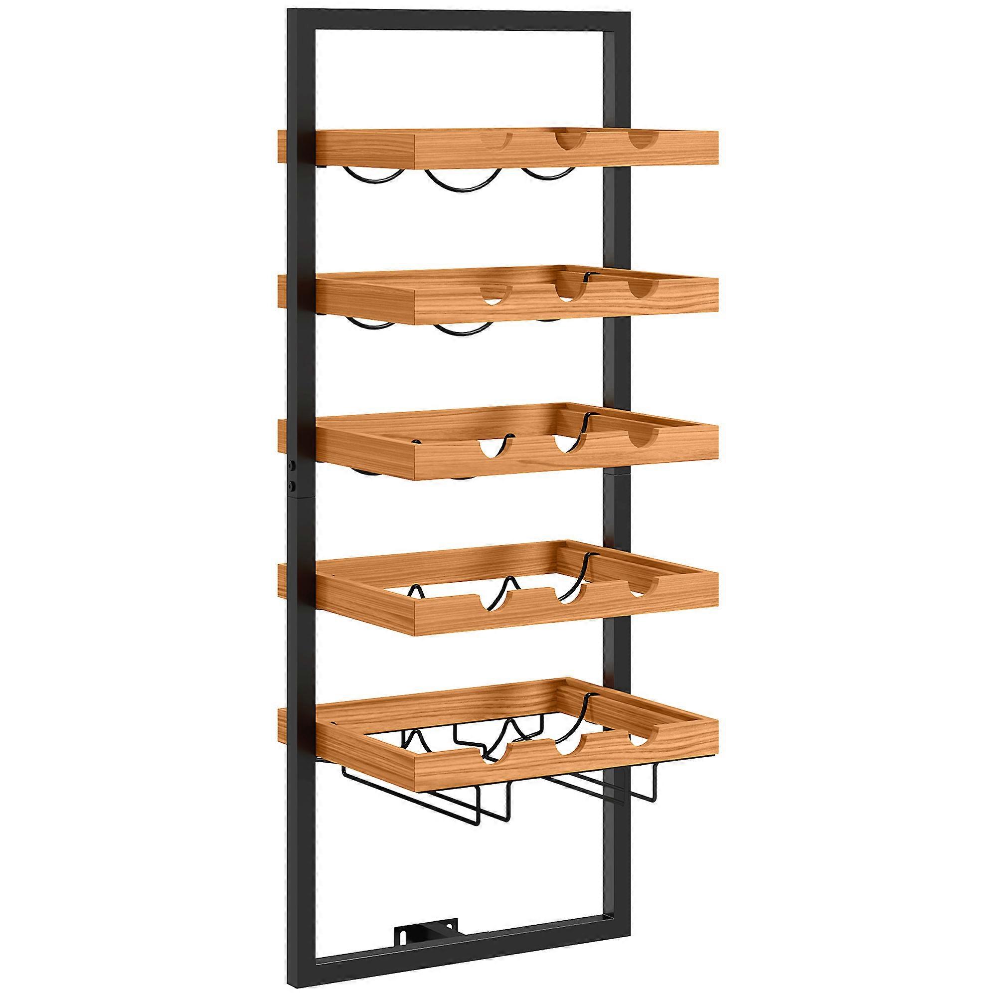Wall Mounted Wine Rack 5 Tiers 15 Bottles 4 Glasses Brown