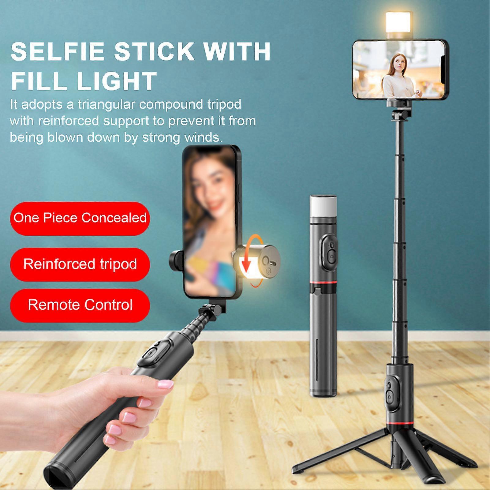 SUSUchens Selfie Stick Tripod with Fill Light Telescopic Multi-functional Integrated Hidden Design 360-degree Rotating Selfie Stick White