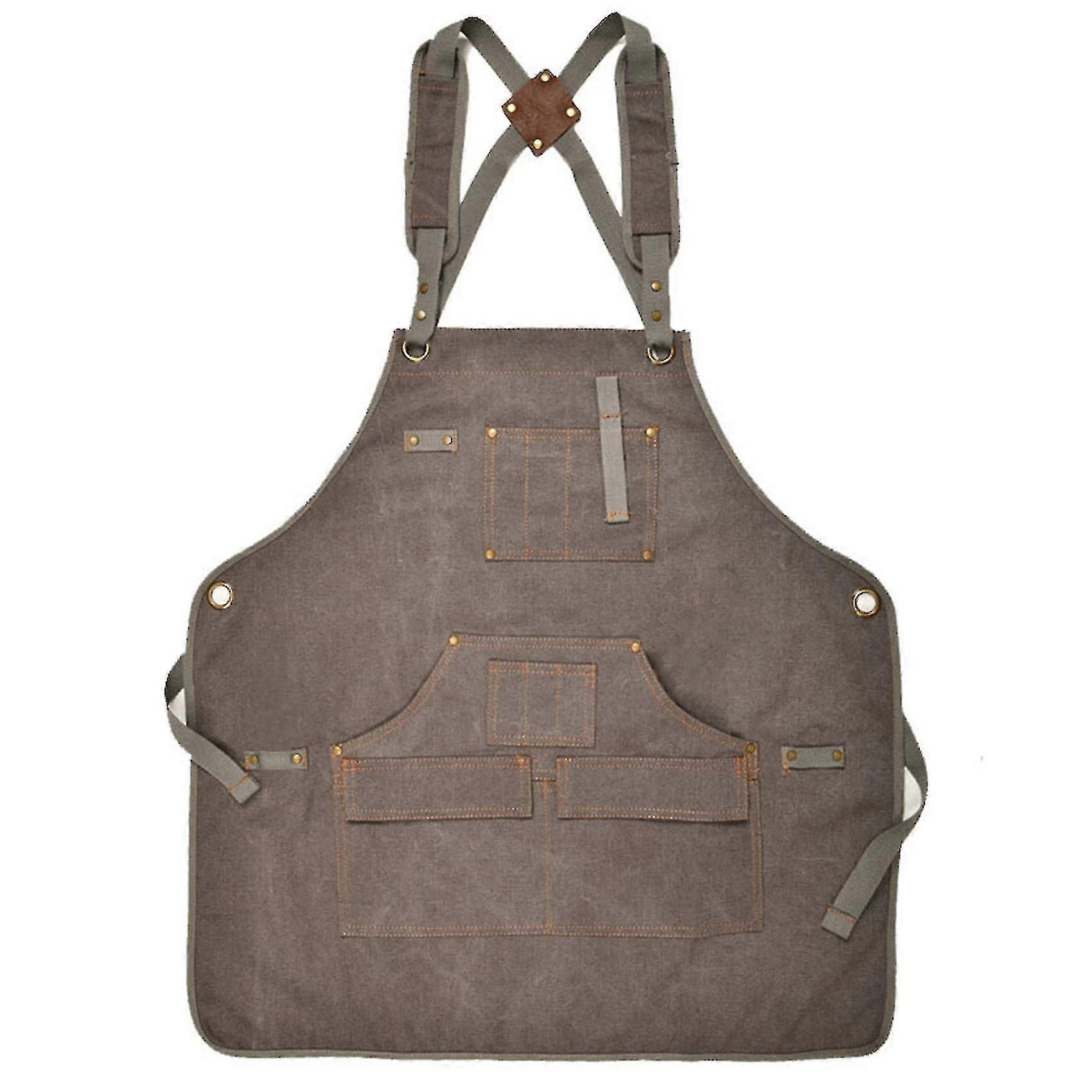 Waxed   Work Apron With 9 Pockets, Adjustable Strap For Unisex
