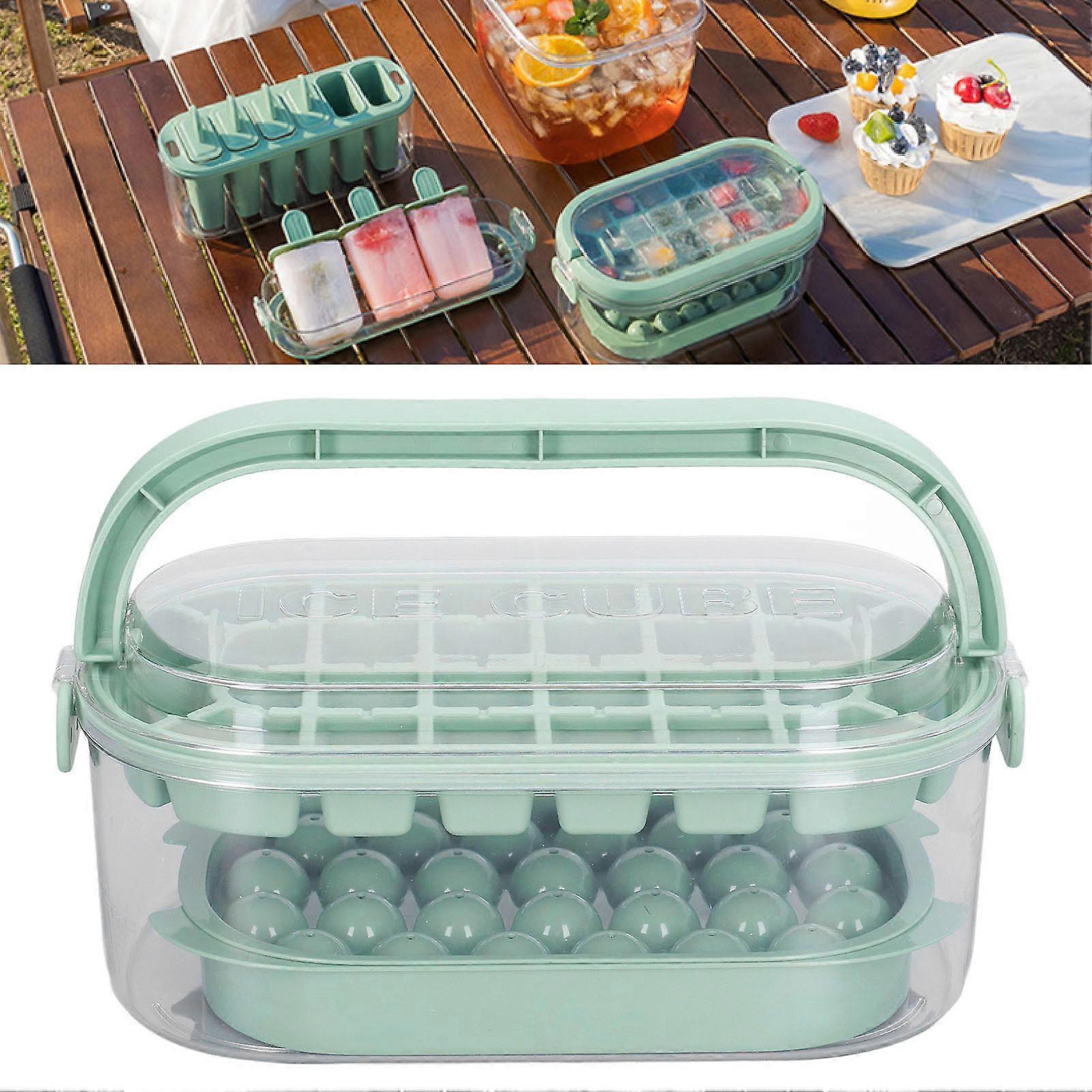 2 Trays Round Square Ice Cube Trays with Lid and Bin for Freezer Ice Cube Molds with Shovel Making 54 Ice Cubes [Hard Base] Fresh Green 2 Layer Set 