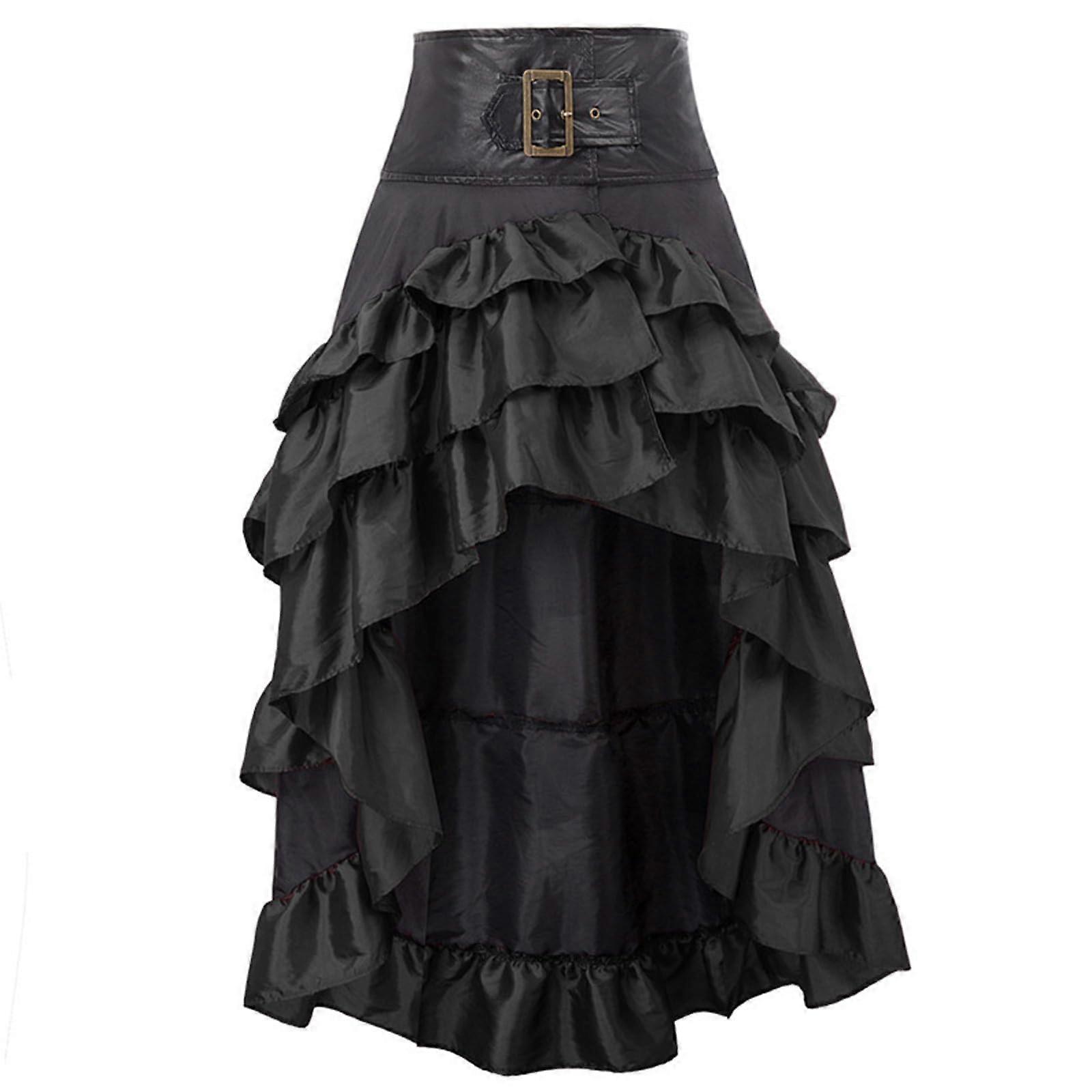Medieval Retro Cake Skirt Patchwork Irregular Ruffle Edge Wrap Look Front Short Back Long Black Size M