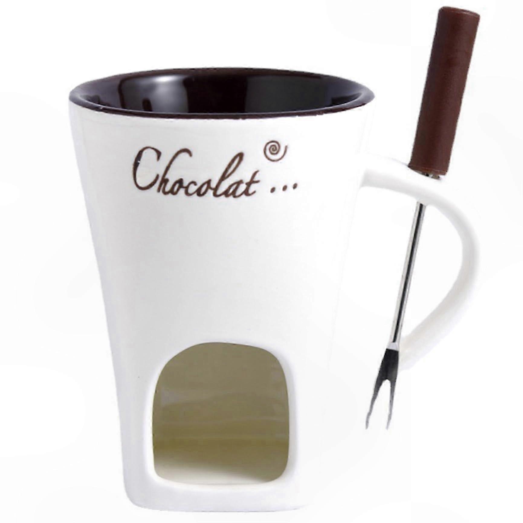 Chocolate Fondue Cup with Handle, 130ml Ceramic Mug with Fork Holder, Sweet Fondue Set for Tea Light