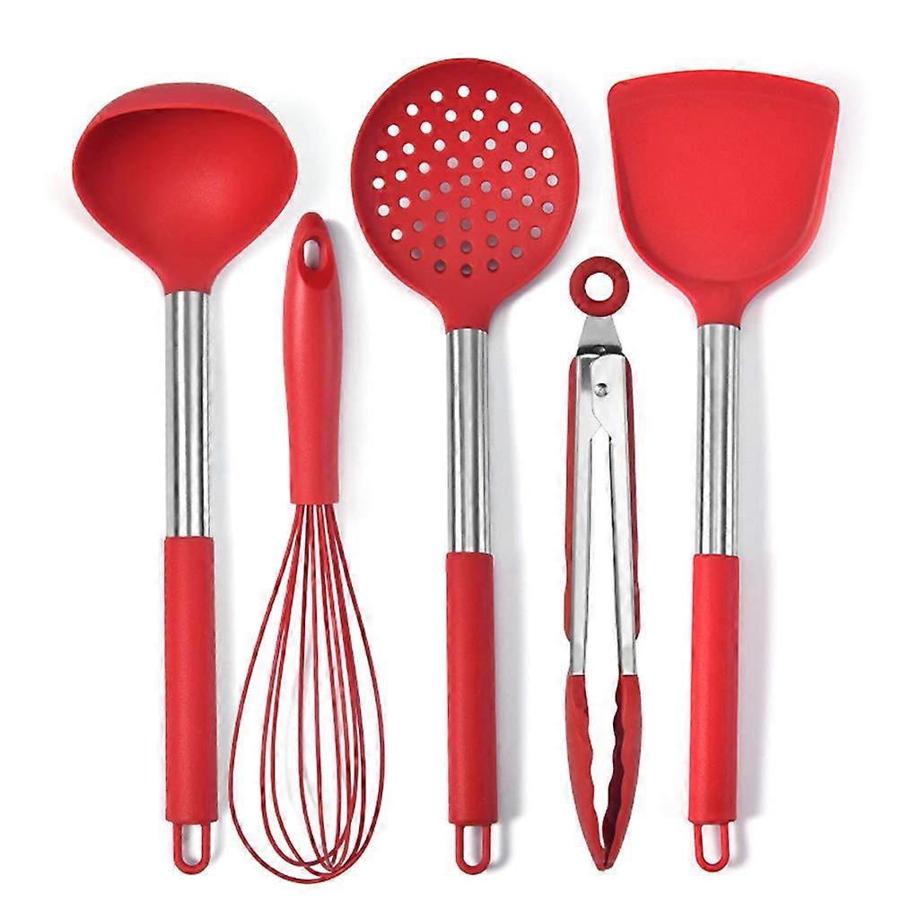 Silicone Spatula Set Heat Resistant NonStick Cooking Utensils with Stainless Steel Handle Red