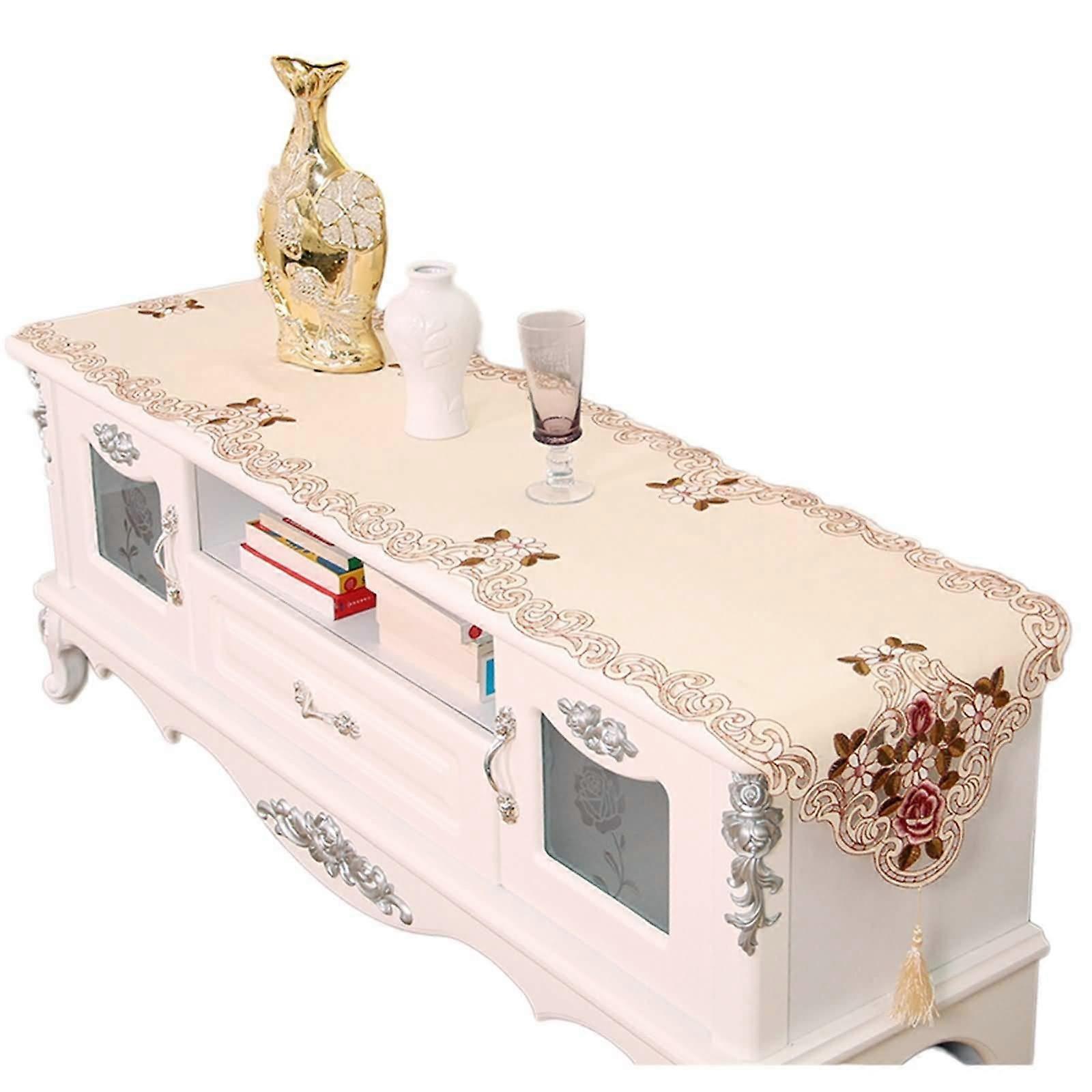 Table Runner Elegant Polyester with Embroidered Flowers and Tassels 40x250cm Champagne for Dining Table Decor