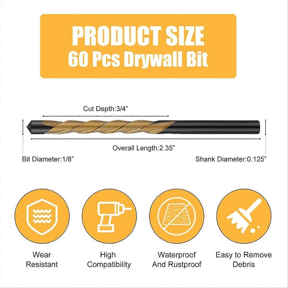 60 PCS Drywall Bit,Drywall Router Bits for Cutting Drywall,1/8-Inch Drywall Guidepoint Cutting Bits,