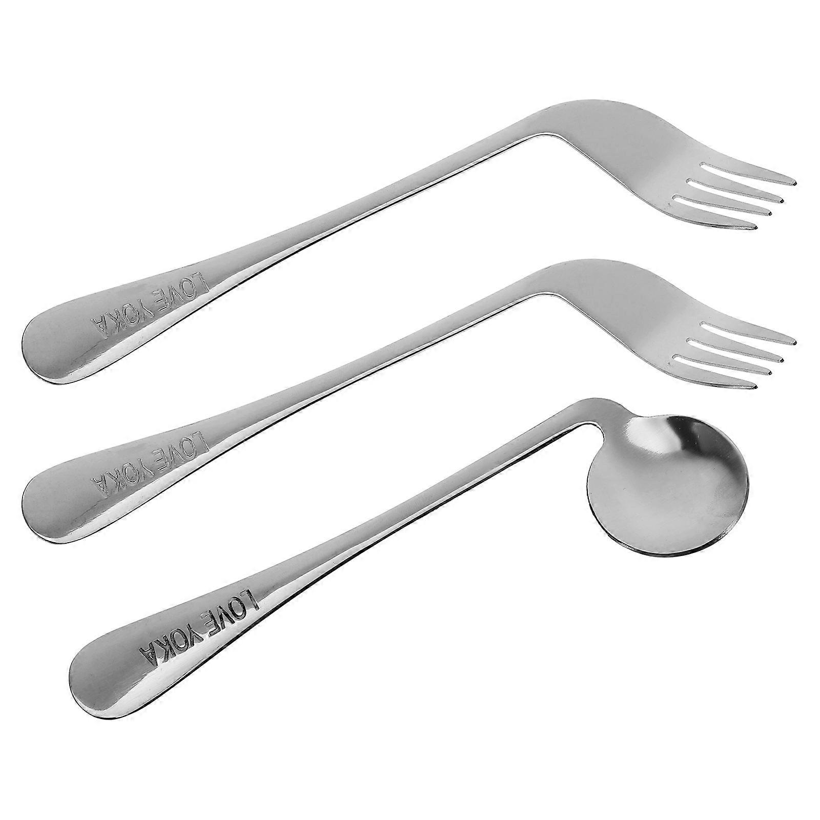 Lightweight Angled Feeding Spoon and Fork Assist Utensils 1Set Silver