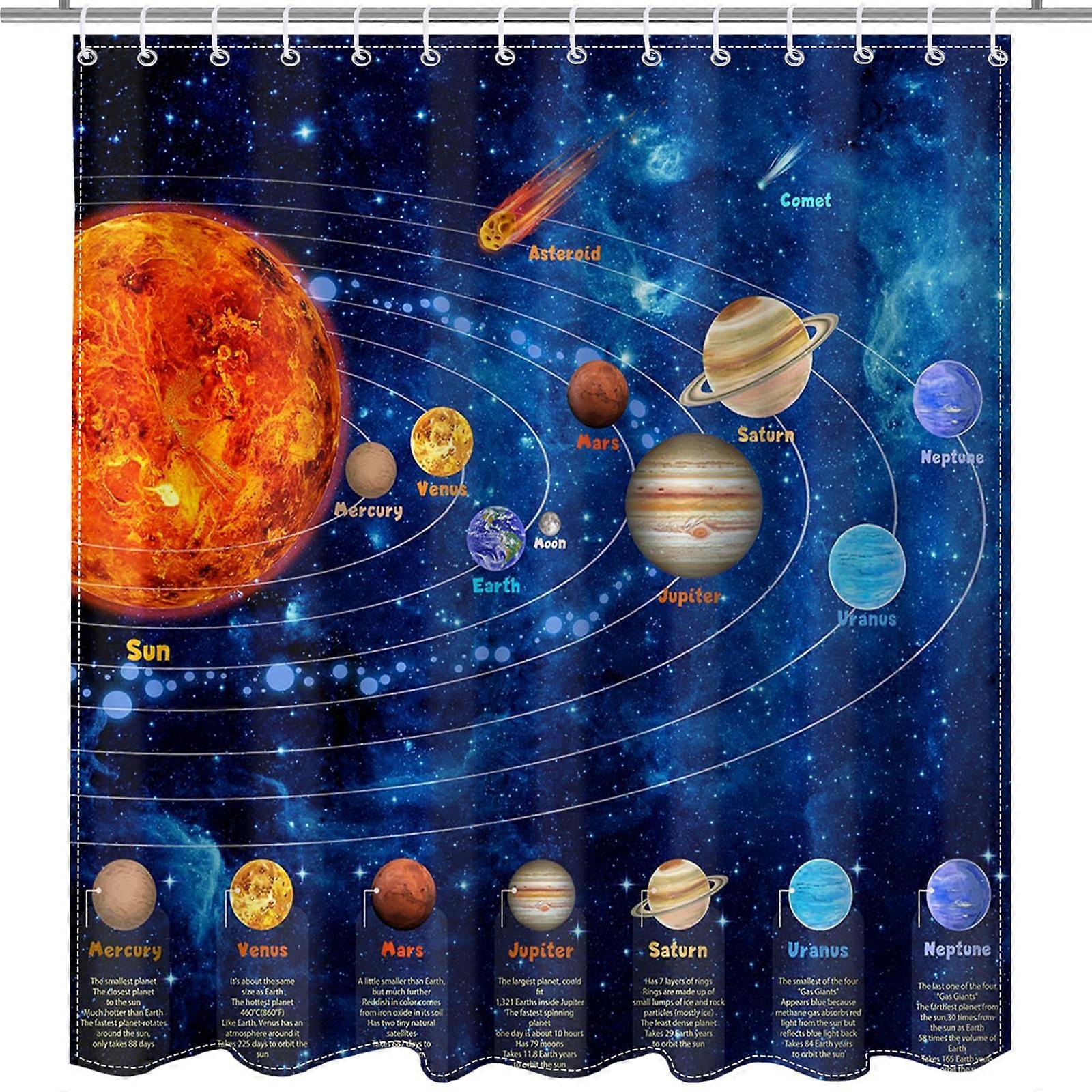 Outer Space Shower Curtain Waterproof Polyester Galaxy Planet Design with 12 Hooks 72x72