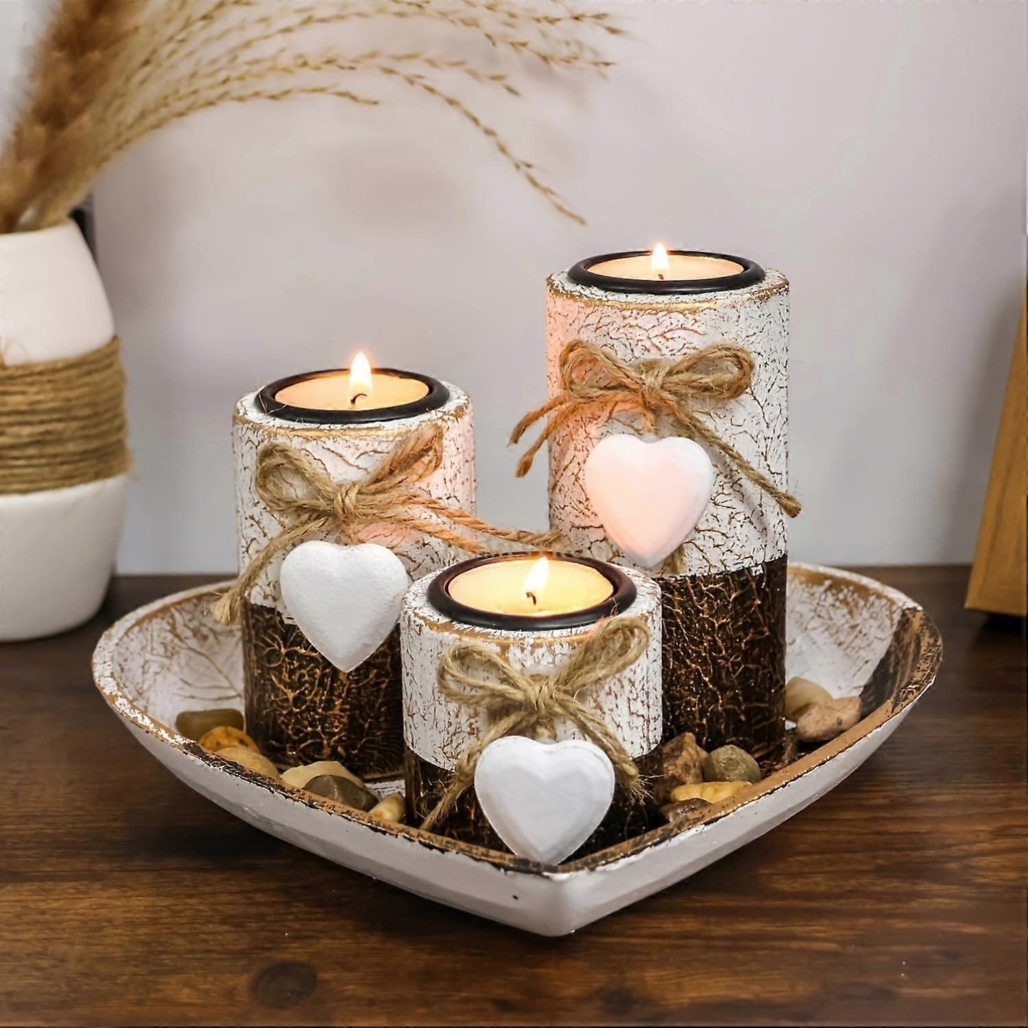 Valentine's Day Heart Shaped Wooden Candle Holders Set with Tealight Tray for Rustic Farmhouse Decor